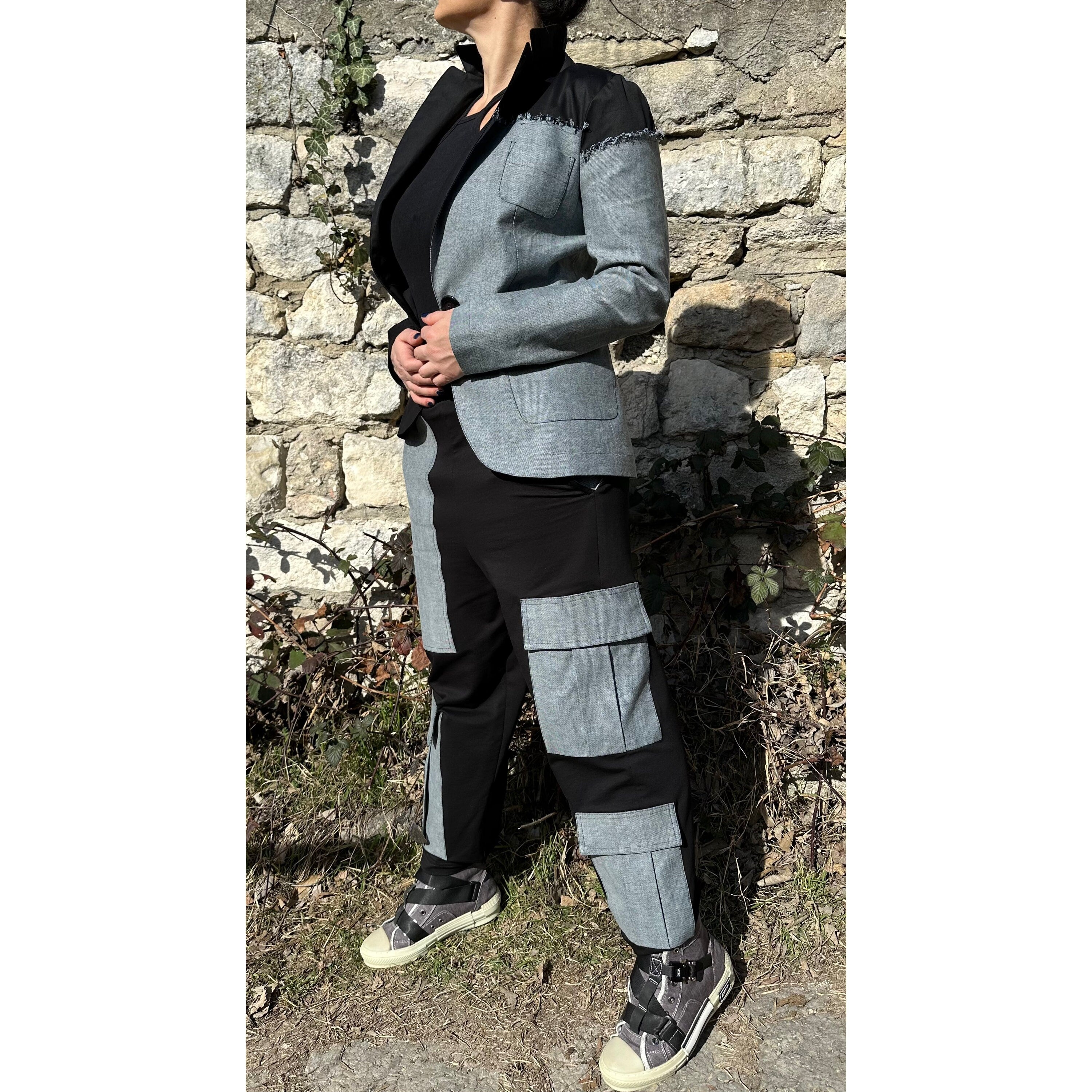 Women’s Two-Piece Suit – Cotton & Denim Blazer and Pants Set / Asymmetric Urban Style