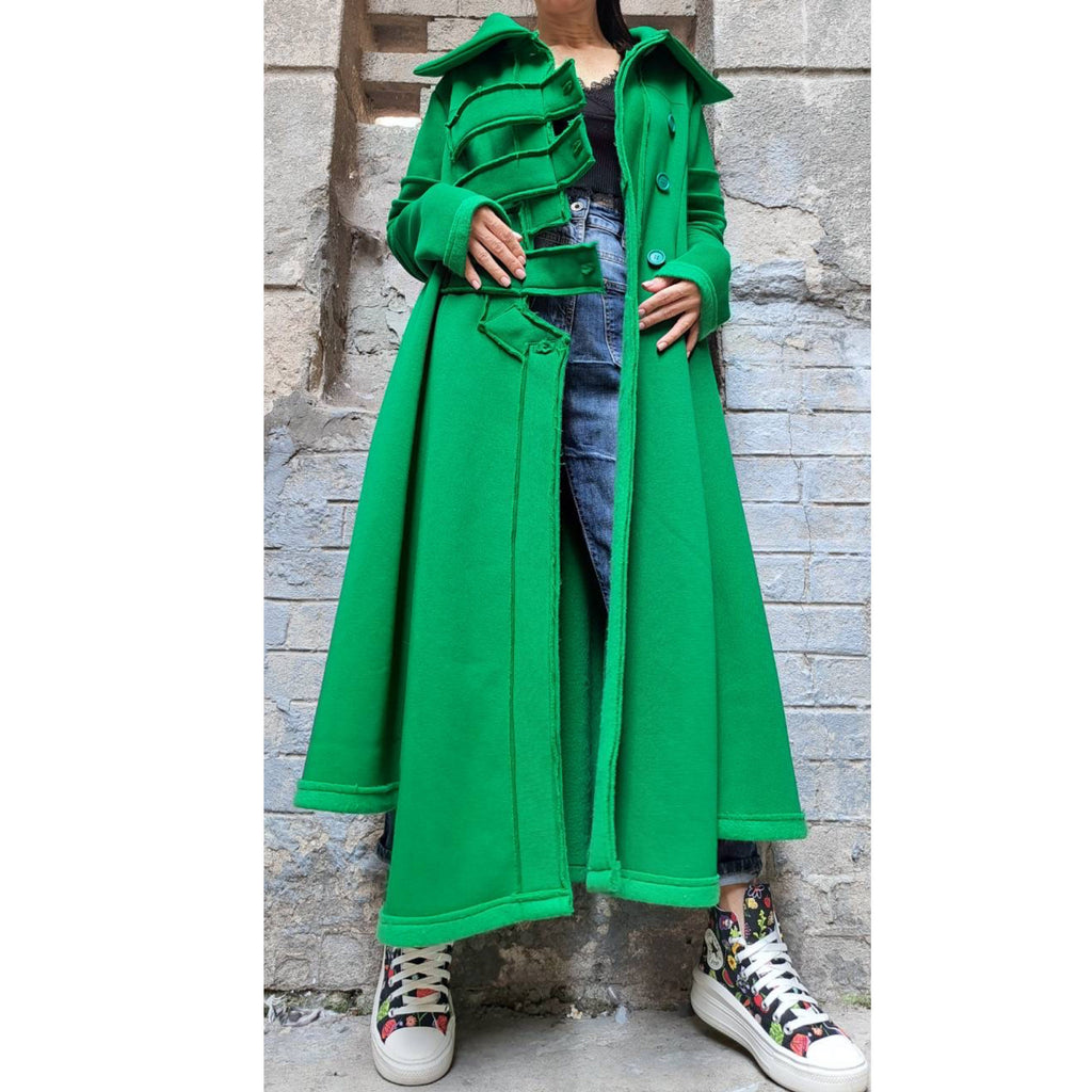Avant-Garde Green Winter Coat for Women – Asymmetric Fleece Maxi Coat with High Collar / Long Warm Coat / Designer Statement Outerwear