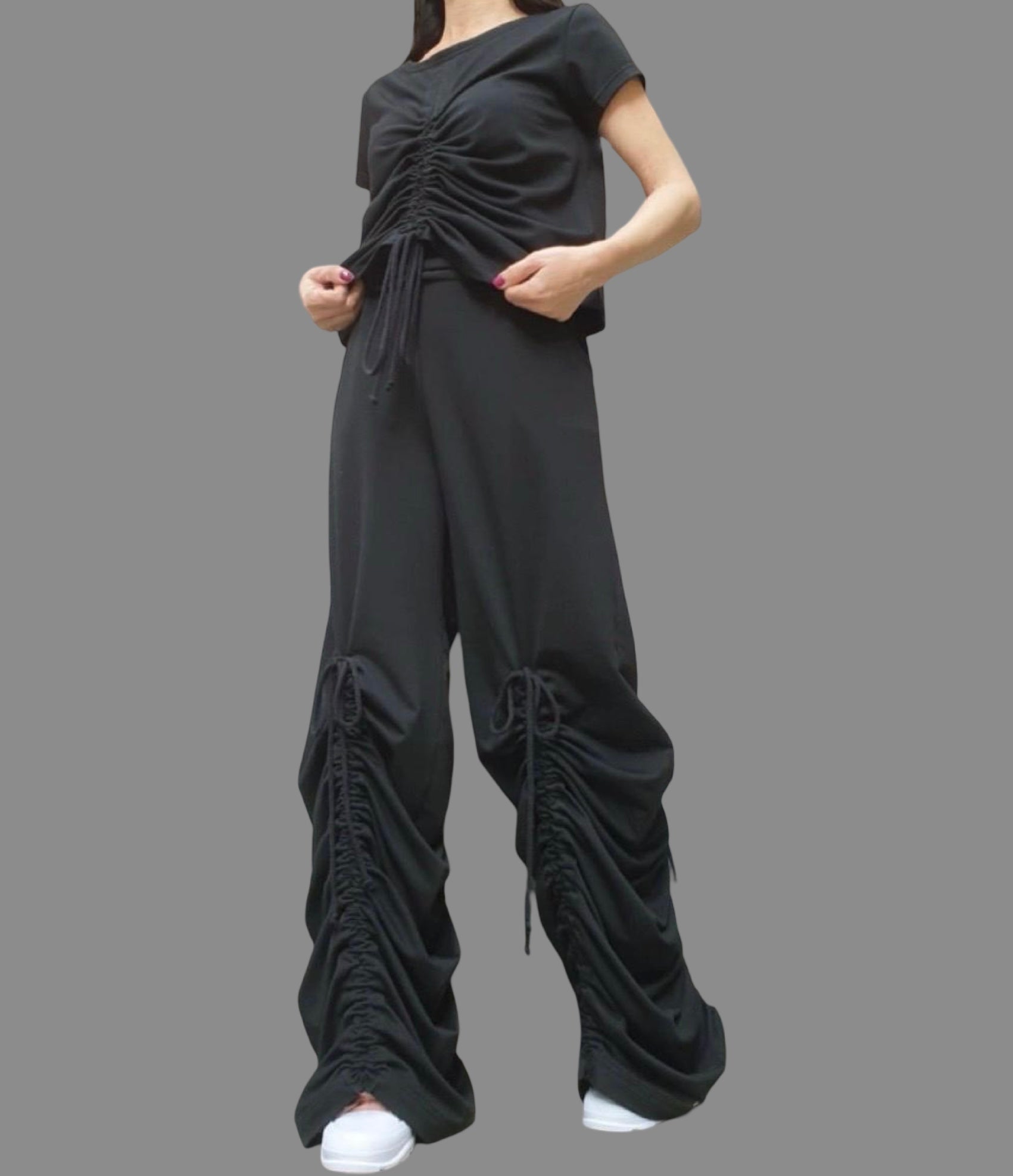 Dark Grey Cotton Women's Set: Asymmetric Blouse & High Waist Pants