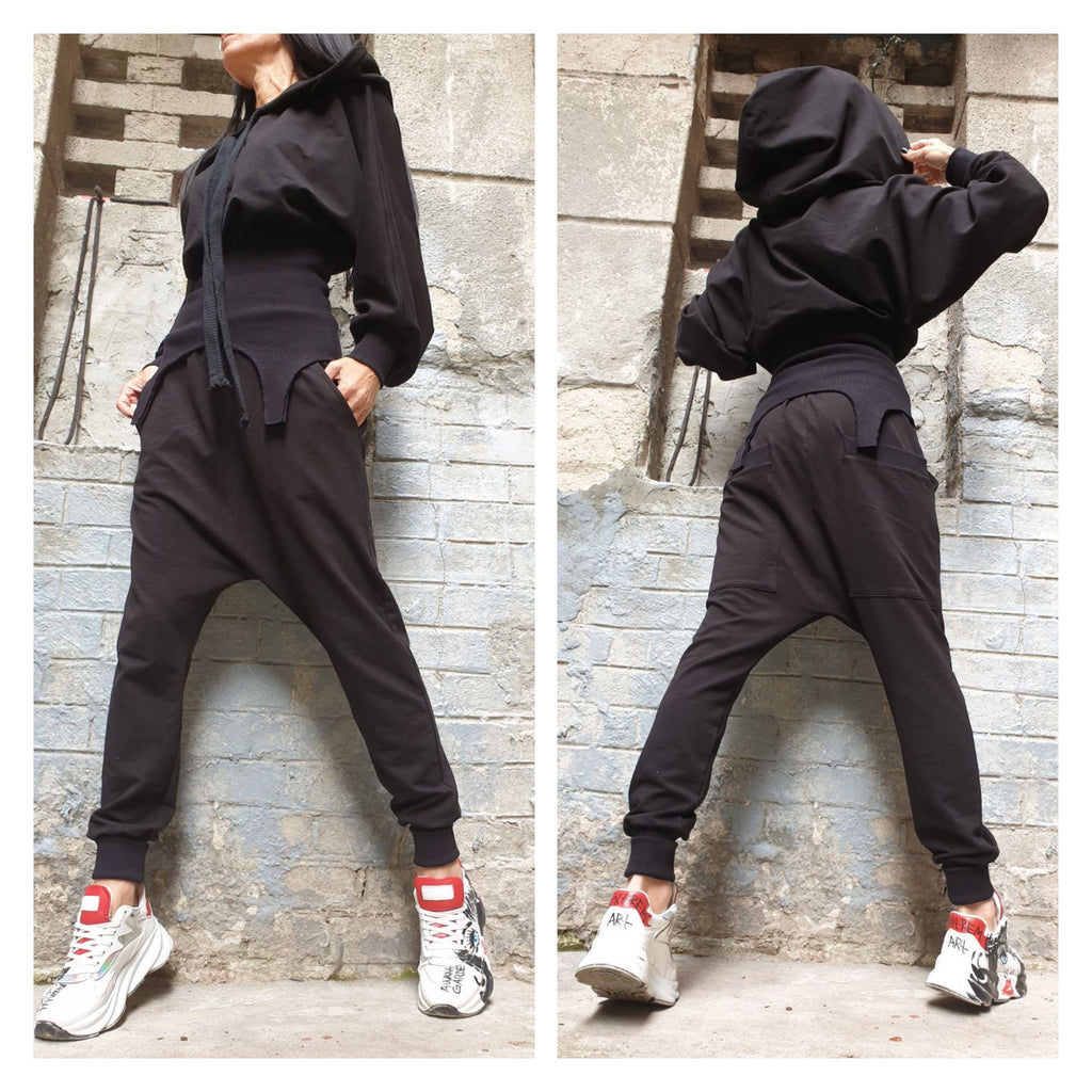 Black Cotton Tracksuit Set – Asymmetric Hoodie with Ribbed Detail & Harem Pants / Two-Piece Fleece Outfit XS–5XL