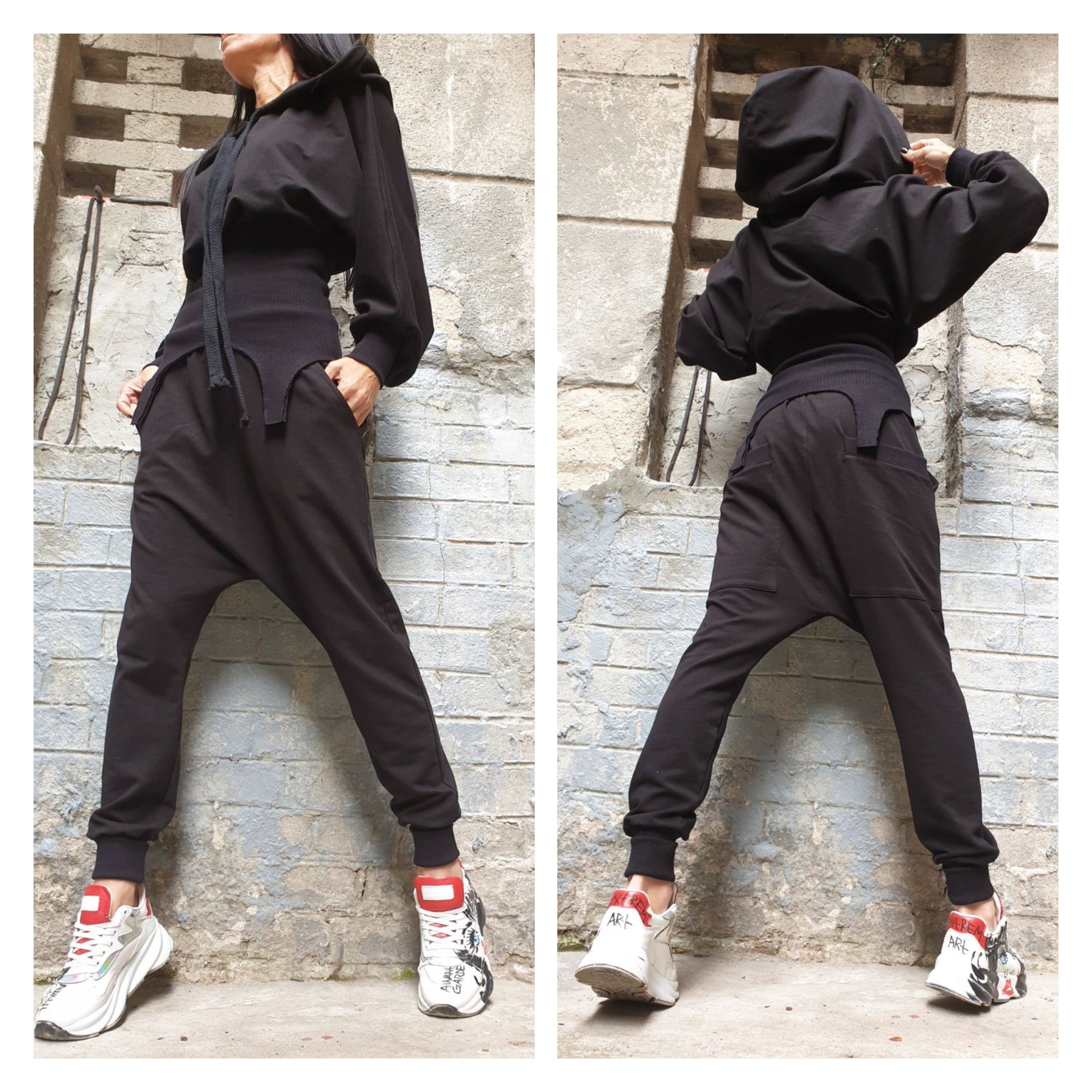 Black Cotton Tracksuit Set – Asymmetric Hoodie with Ribbed Detail & Harem Pants / Two-Piece Fleece Outfit XS–5XL