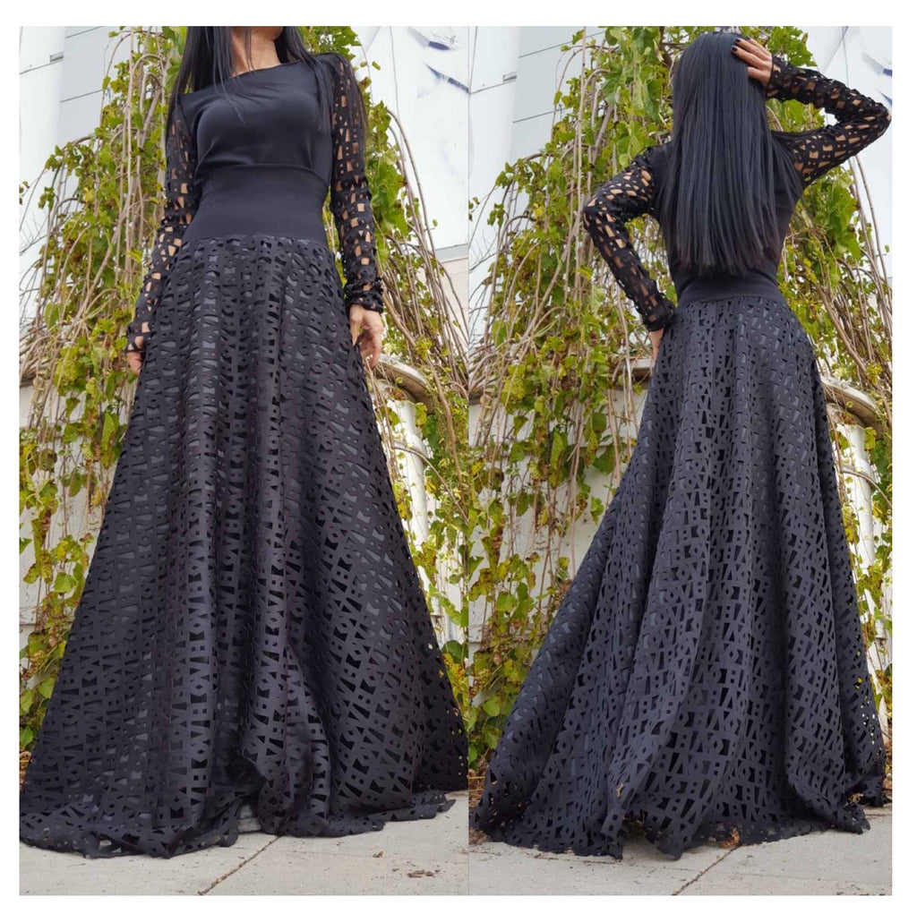 Black Neoprene Maxi Skirt – High Waist Flared Skirt with Elastic Waistband / Laser-Cut Pattern /Gothic Elegant A-Line Skirt