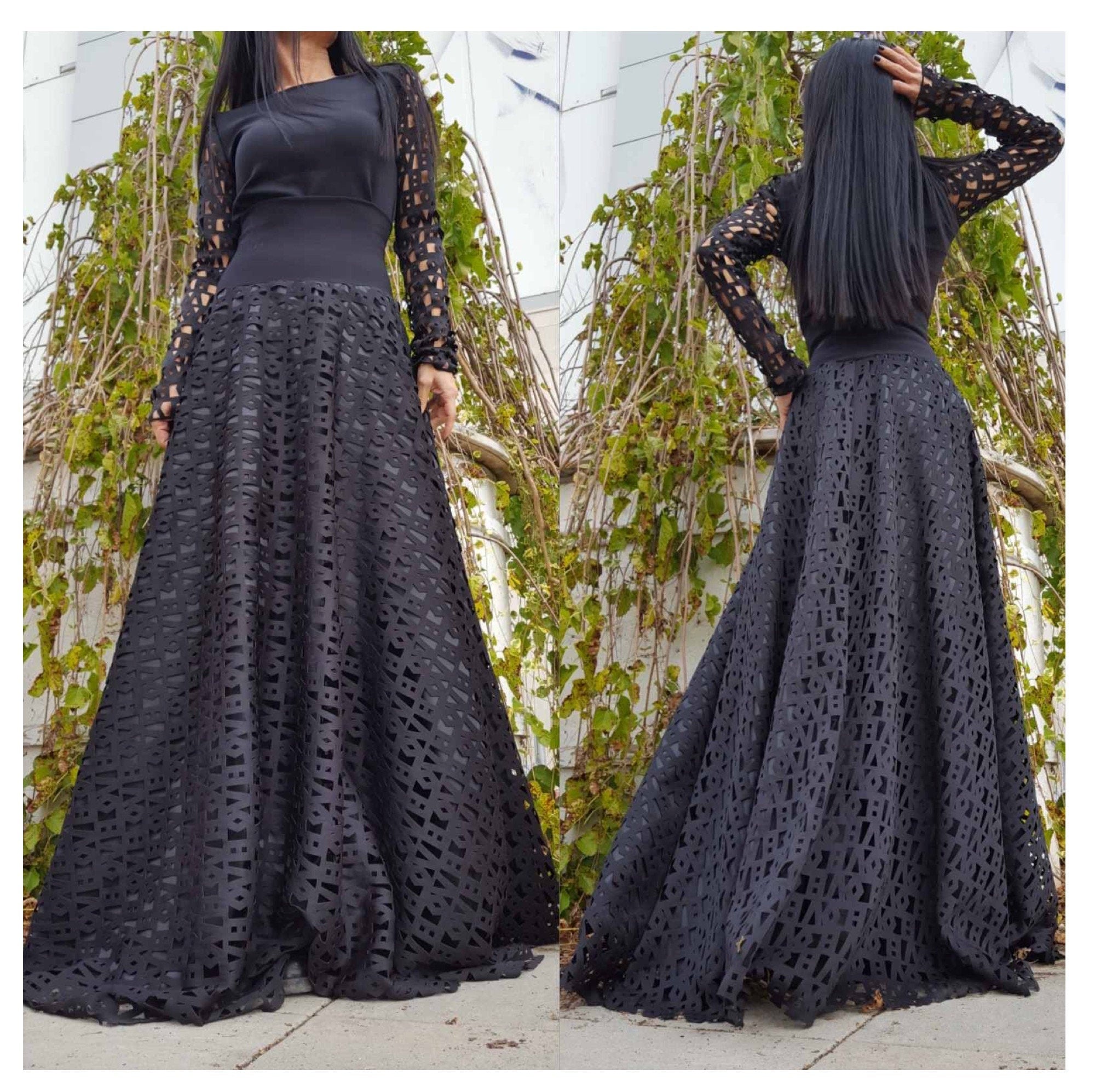 Black Neoprene Maxi Skirt – High Waist Flared Skirt with Elastic Waistband / Laser-Cut Pattern /Gothic Elegant A-Line Skirt