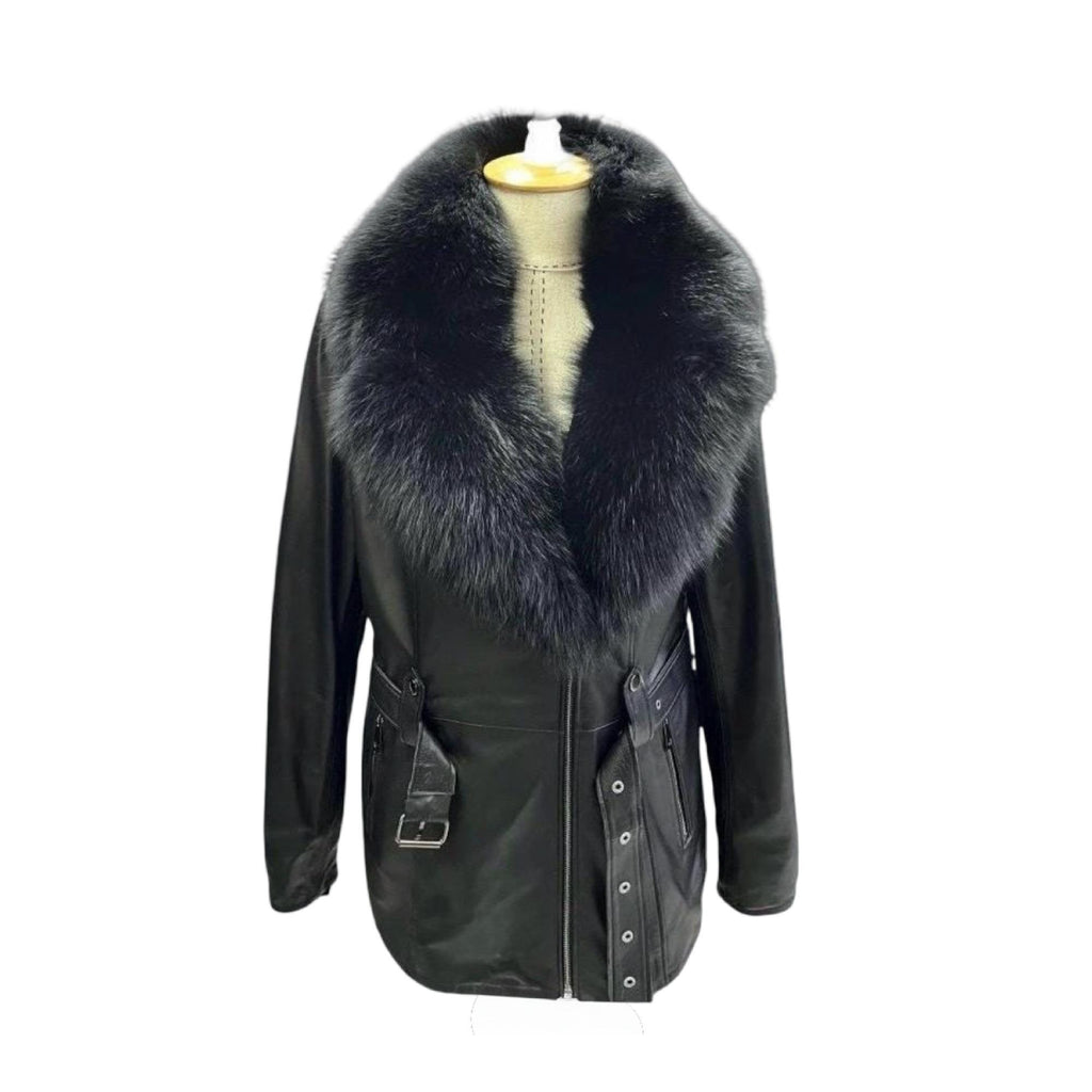 Women’s Genuine Lambskin Leather Jacket with Detachable Fox Fur Collar – Fall / Spring Coat