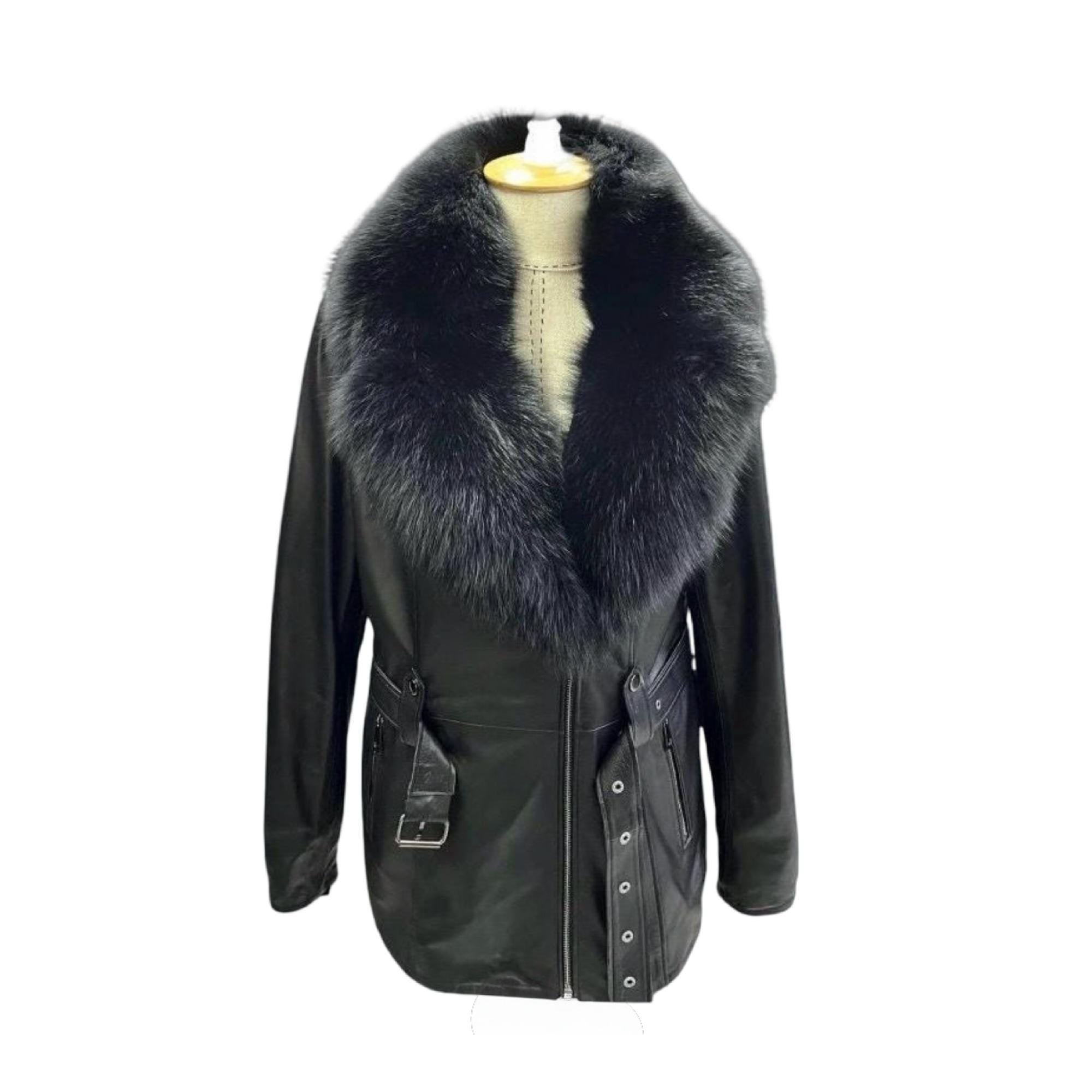 Women’s Genuine Lambskin Leather Jacket with Detachable Fox Fur Collar – Fall / Spring Coat