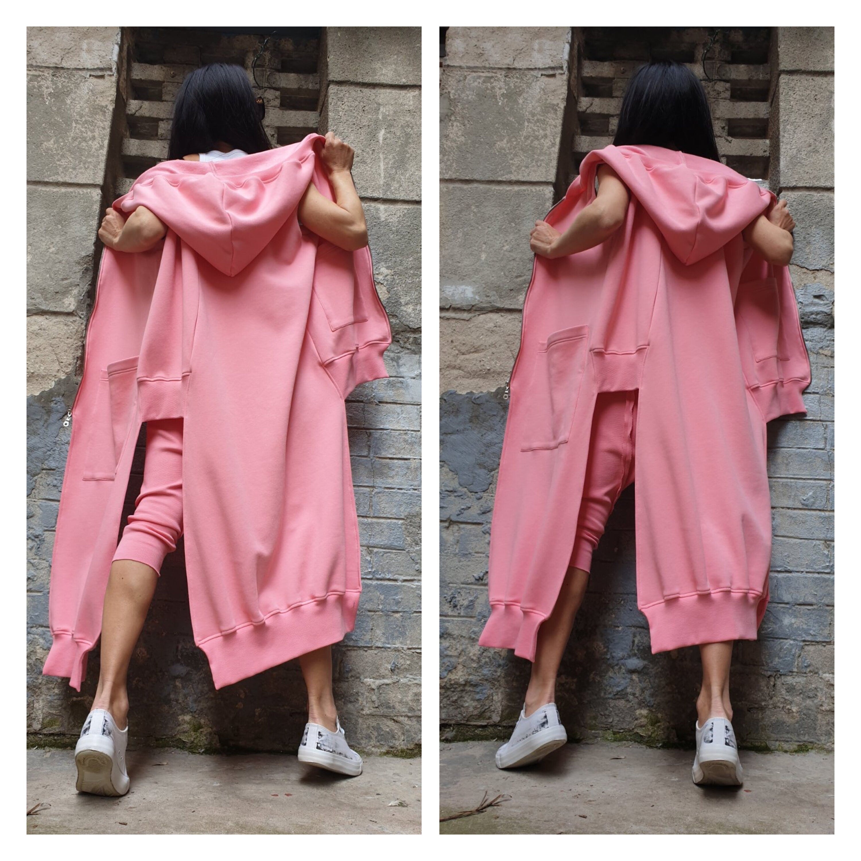 Pink Asymmetric Hooded Vest & Harem Pants Set – Warm Cotton Fleece Outfit / Avant-Garde Urban Two Piece