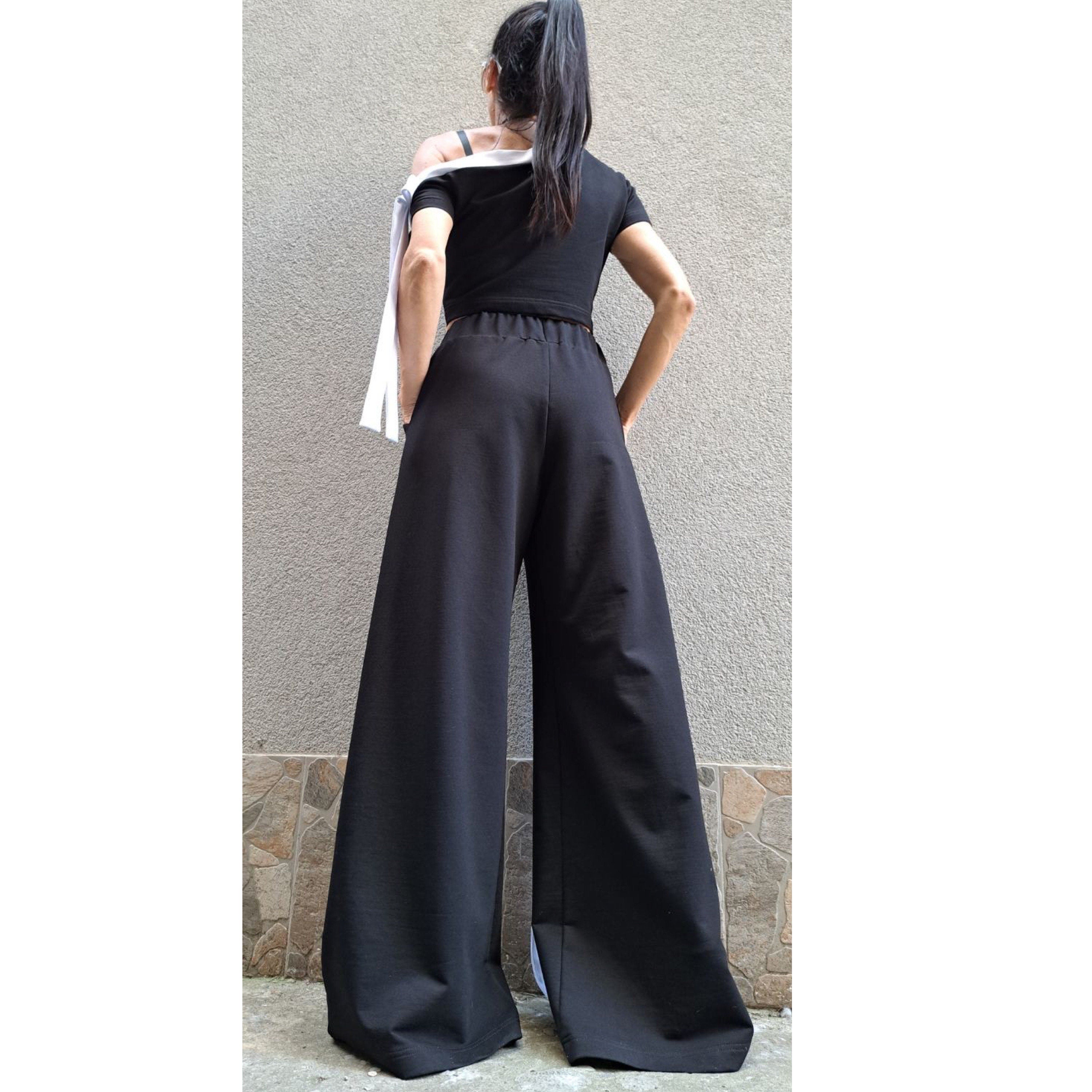 Asymmetric Black Cotton Set with Bow Detail – One Shoulder Top & High Waist Wide Leg Pants