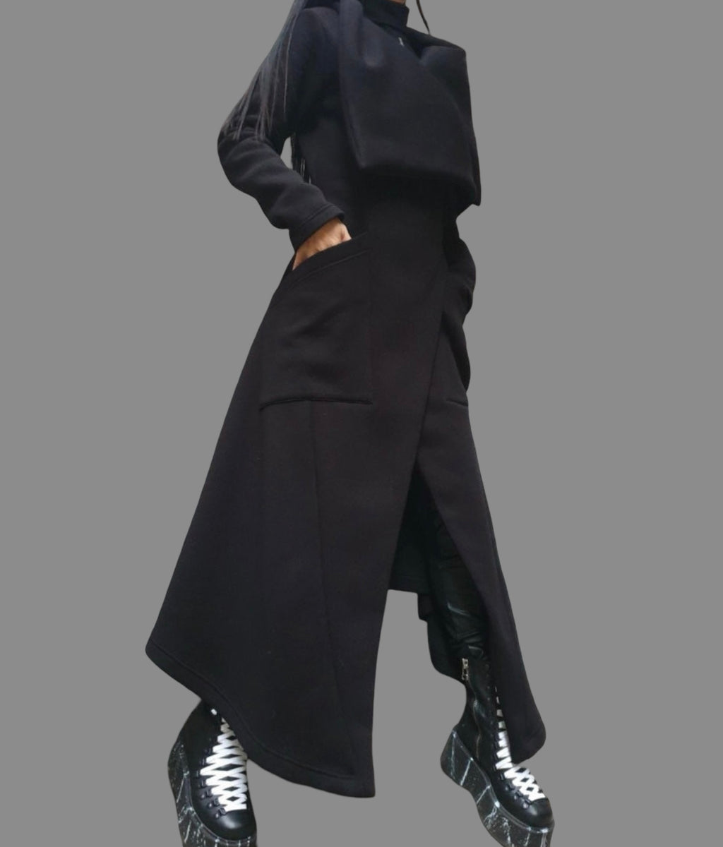 Women’s Asymmetric Fleece Coat – High Collar, Side Pockets, Button Closure – Black Avant-Garde Jacket