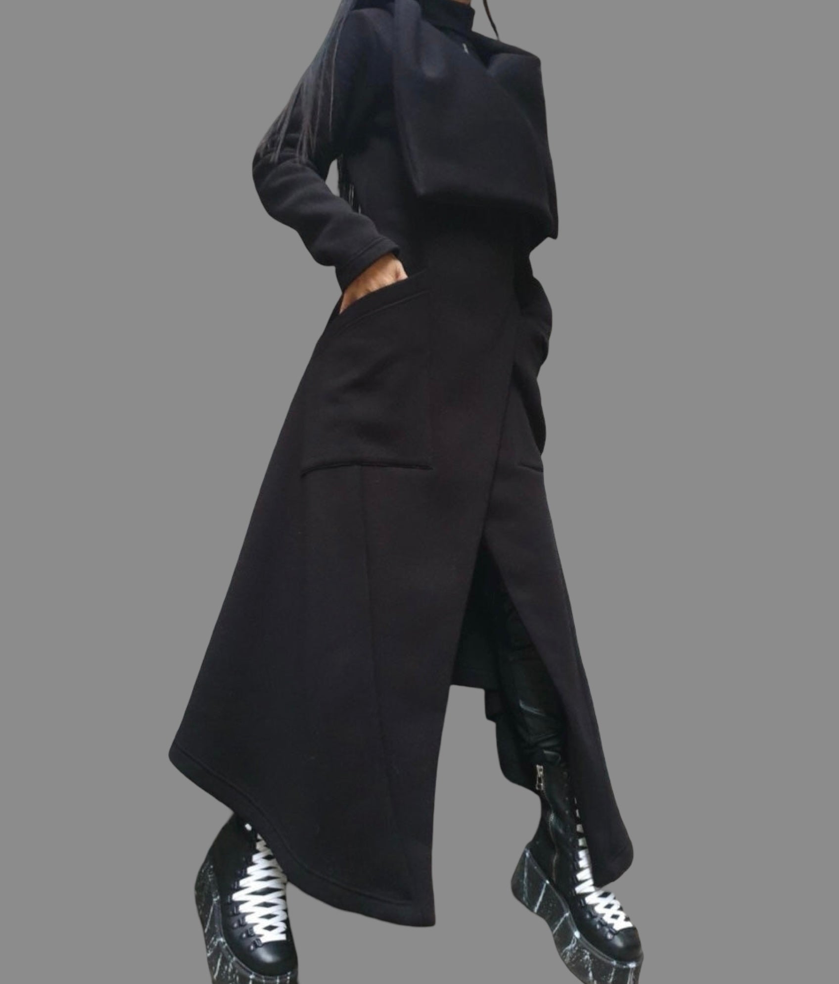 Women’s Asymmetric Fleece Coat – High Collar, Side Pockets, Button Closure – Black Avant-Garde Jacket