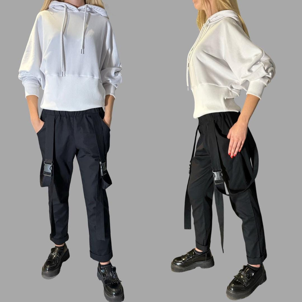 Women’s Black Casual Pants with Straps / Cotton Trousers with Elastic Waist and Buckles / Urban Everyday Pants