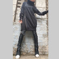 Asymmetric Black Cotton Tunic with Zipper / High Collar Long Blouse / Avant-Garde Urban Top for Women