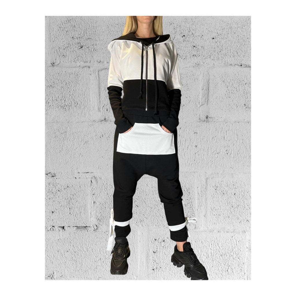 Black & White Avant-Garde Tracksuit Set / Harem Pants and Cropped Zip Hoodie / Handmade Urban Look