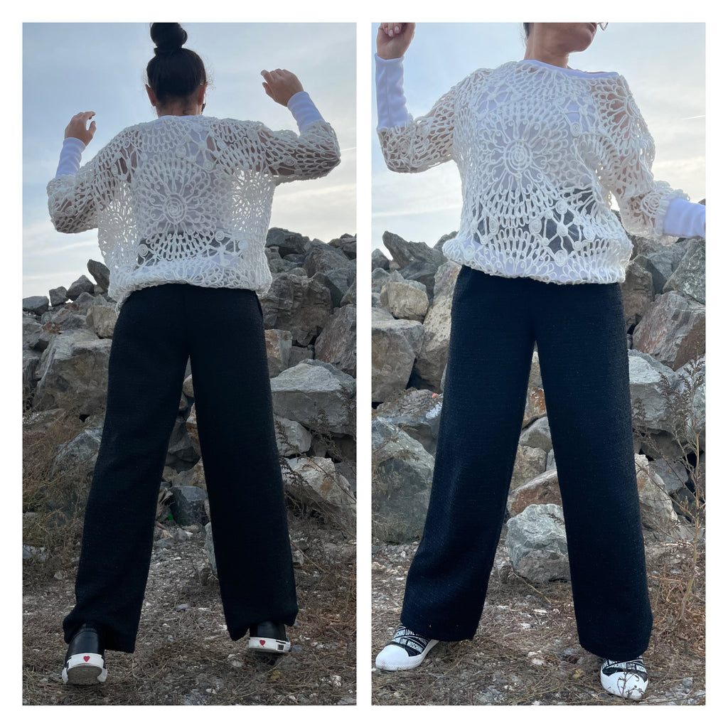 Knit Tulle Blouse: Long Sleeve Cotton Blend Top