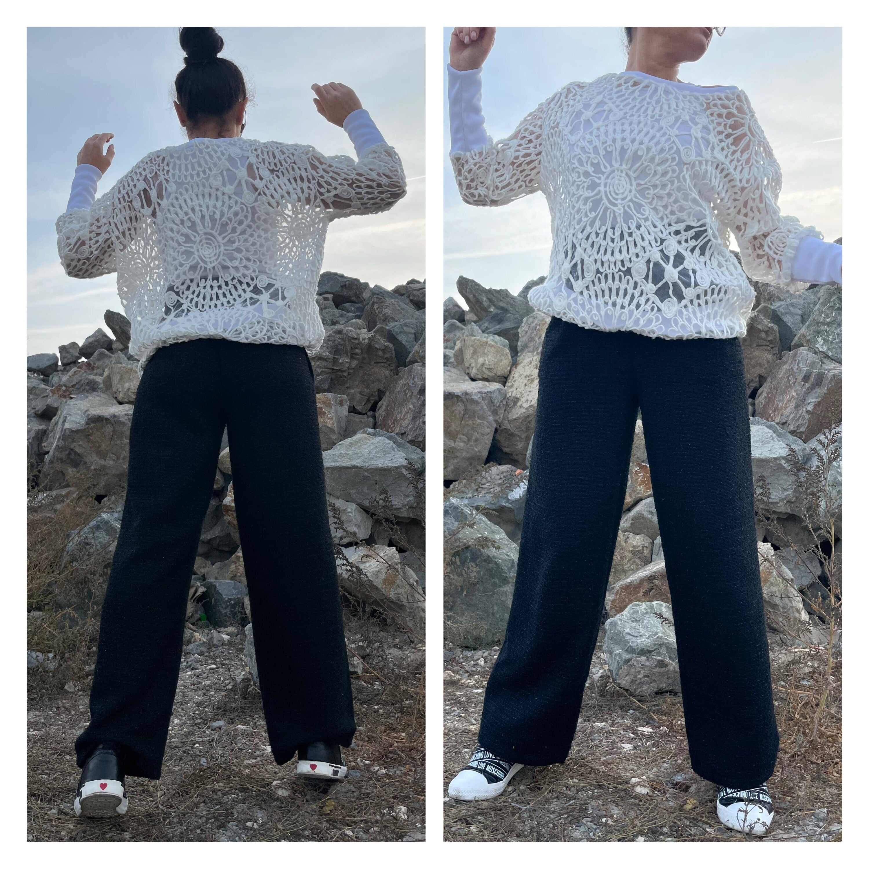 Knit Tulle Blouse: Long Sleeve Cotton Blend Top