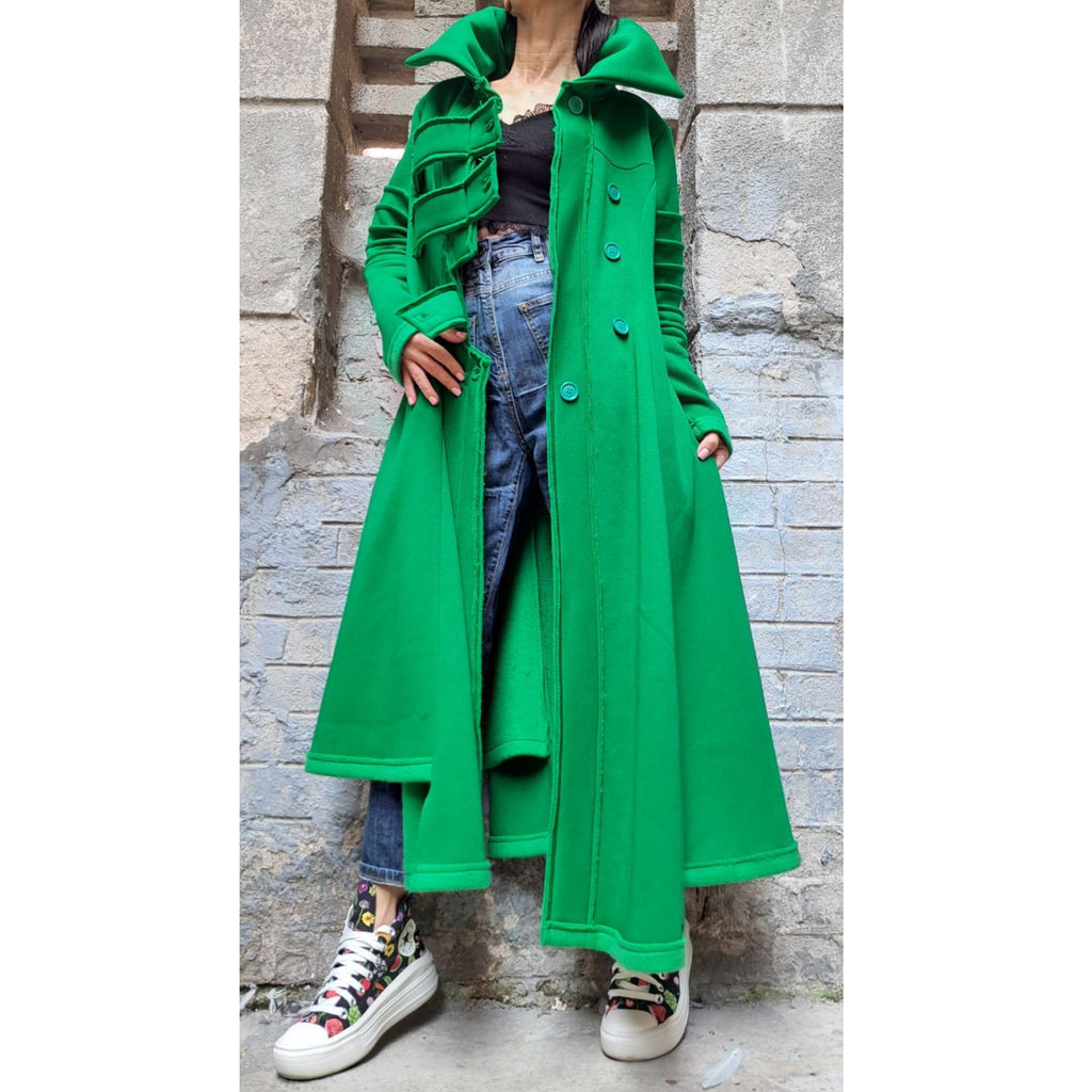 Avant-Garde Green Winter Coat for Women – Asymmetric Fleece Maxi Coat with High Collar / Long Warm Coat / Designer Statement Outerwear