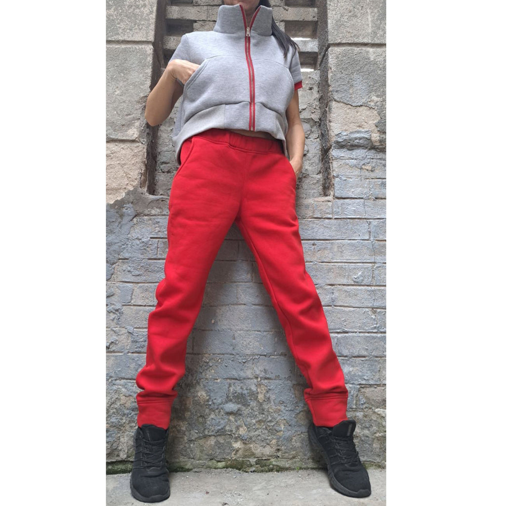 Red & Gray Tracksuit Set: High Waist Pants, Short Sleeve Top