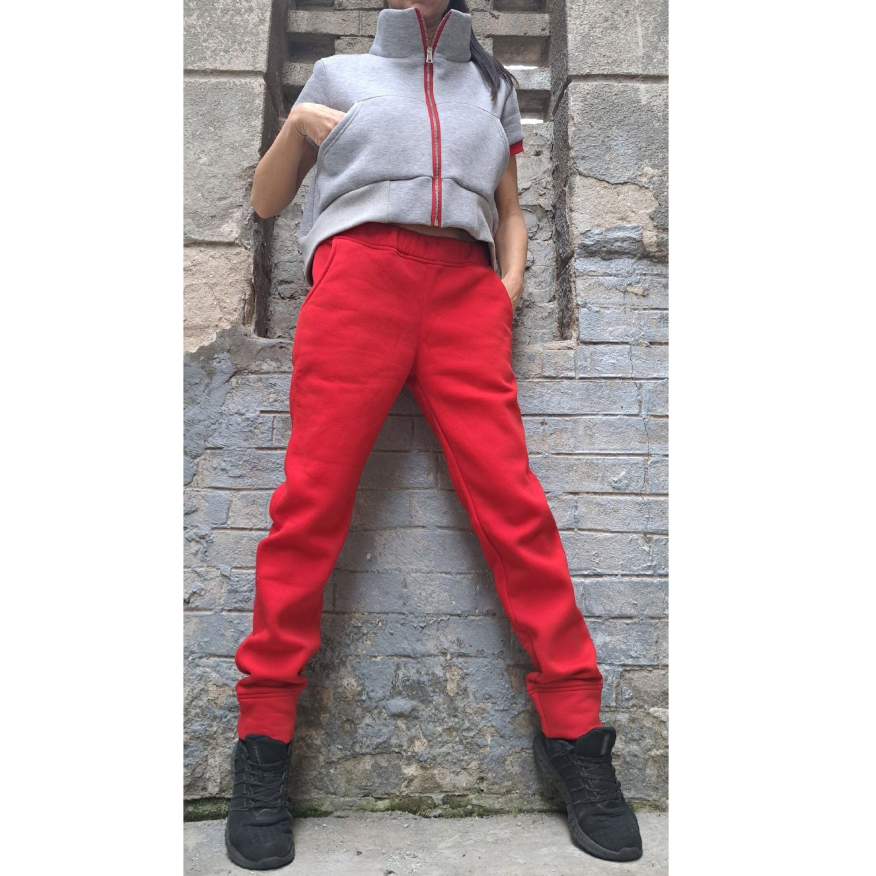 Red & Gray Tracksuit Set: High Waist Pants, Short Sleeve Top
