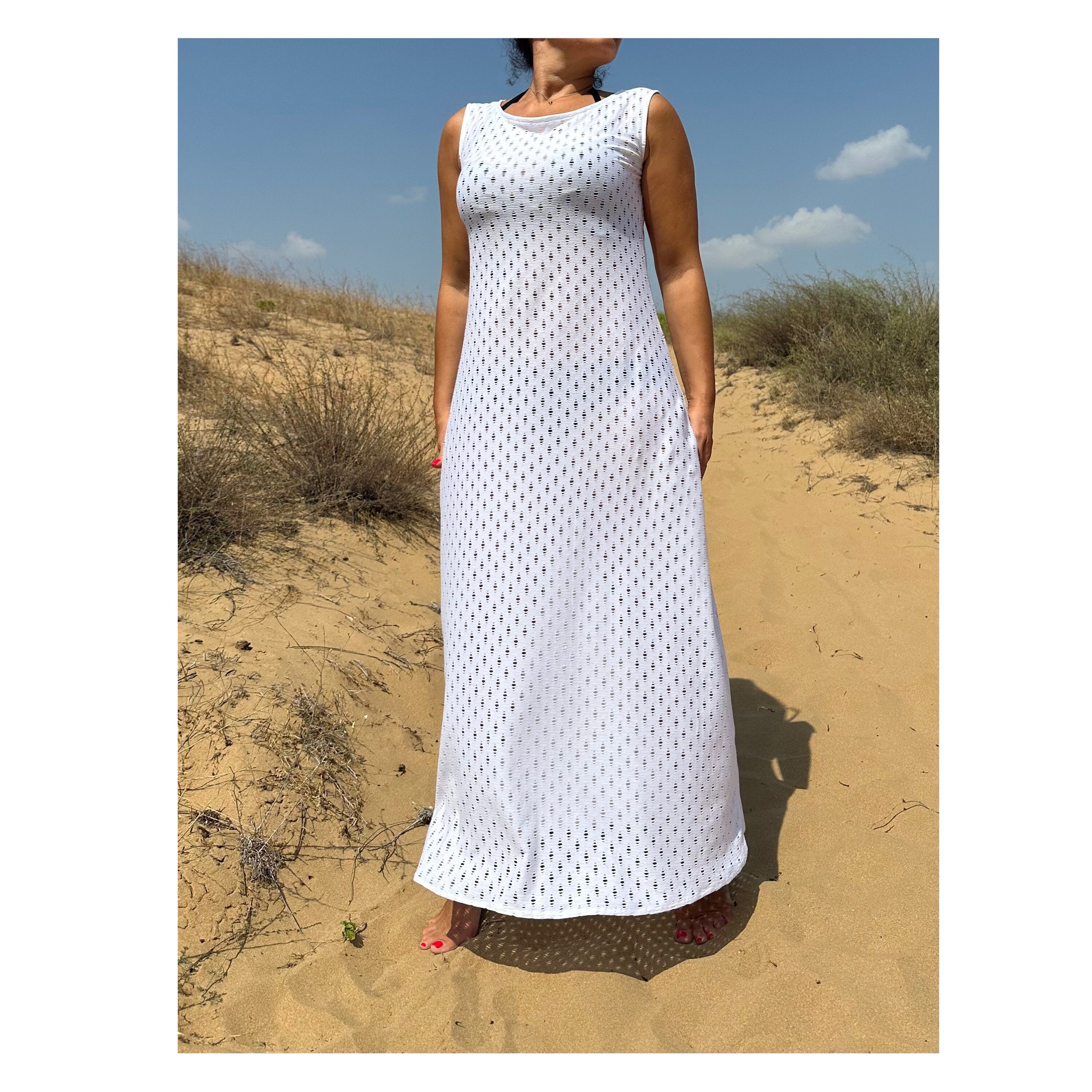 White Cotton Knit Maxi Dress / Sleeveless Summer Beach Dress