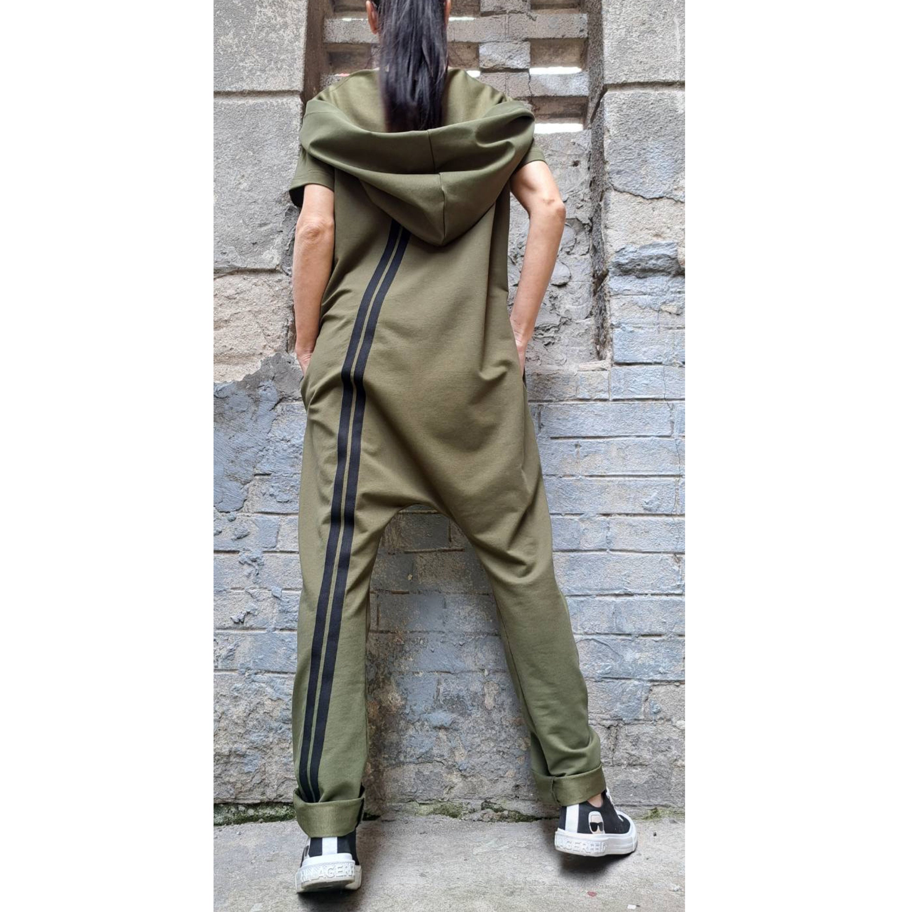 Women’s Hooded Harem Jumpsuit – Short Sleeve Urban Overall with Zipper / Cotton Streetwear Romper / Baggy Drop-Crotch Jumpsuit