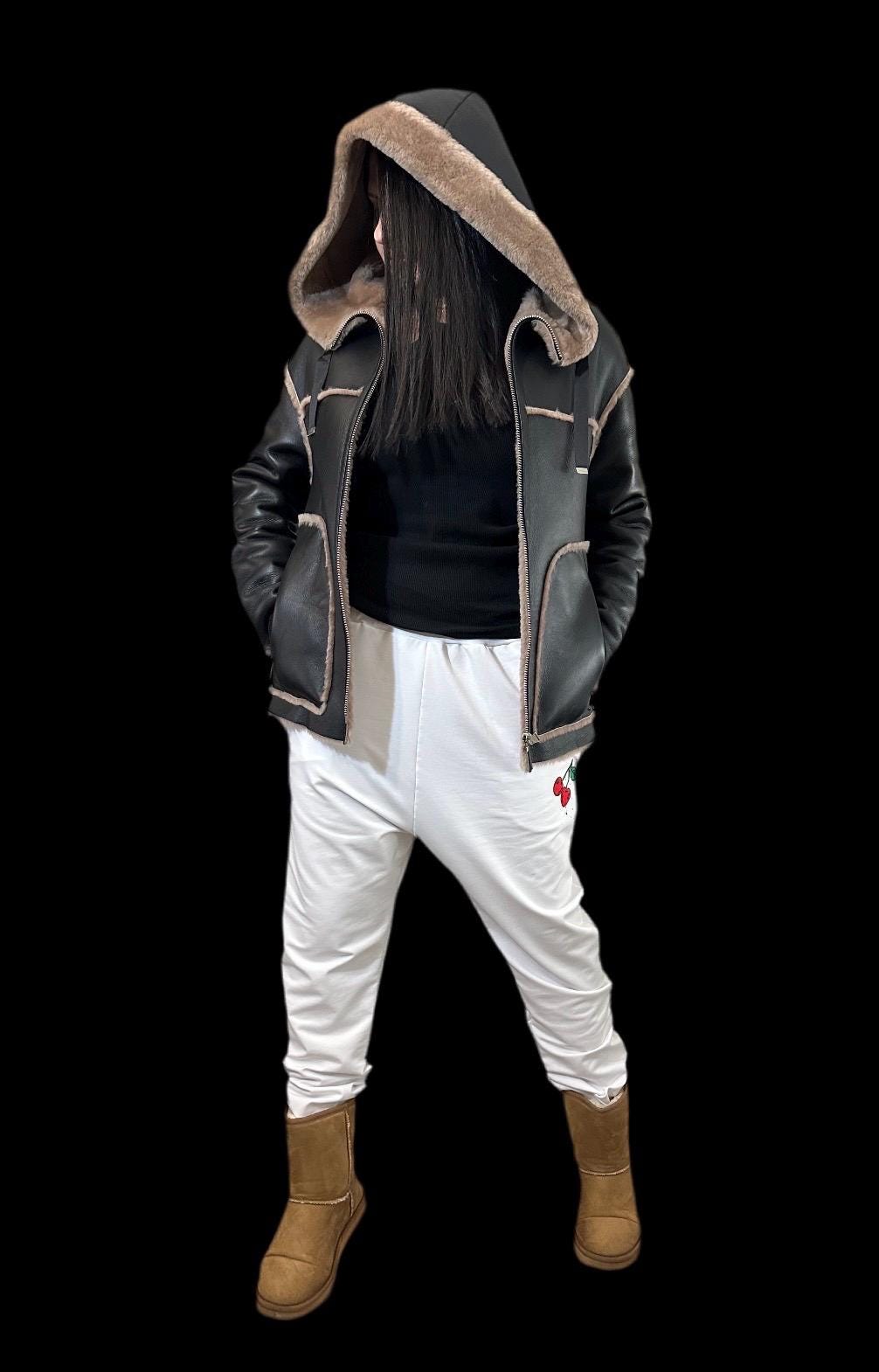 Women’s Hooded Shearling Coat  Dark Brown Lambskin Winter Jacket / Warm Handmade Leather Outerwear