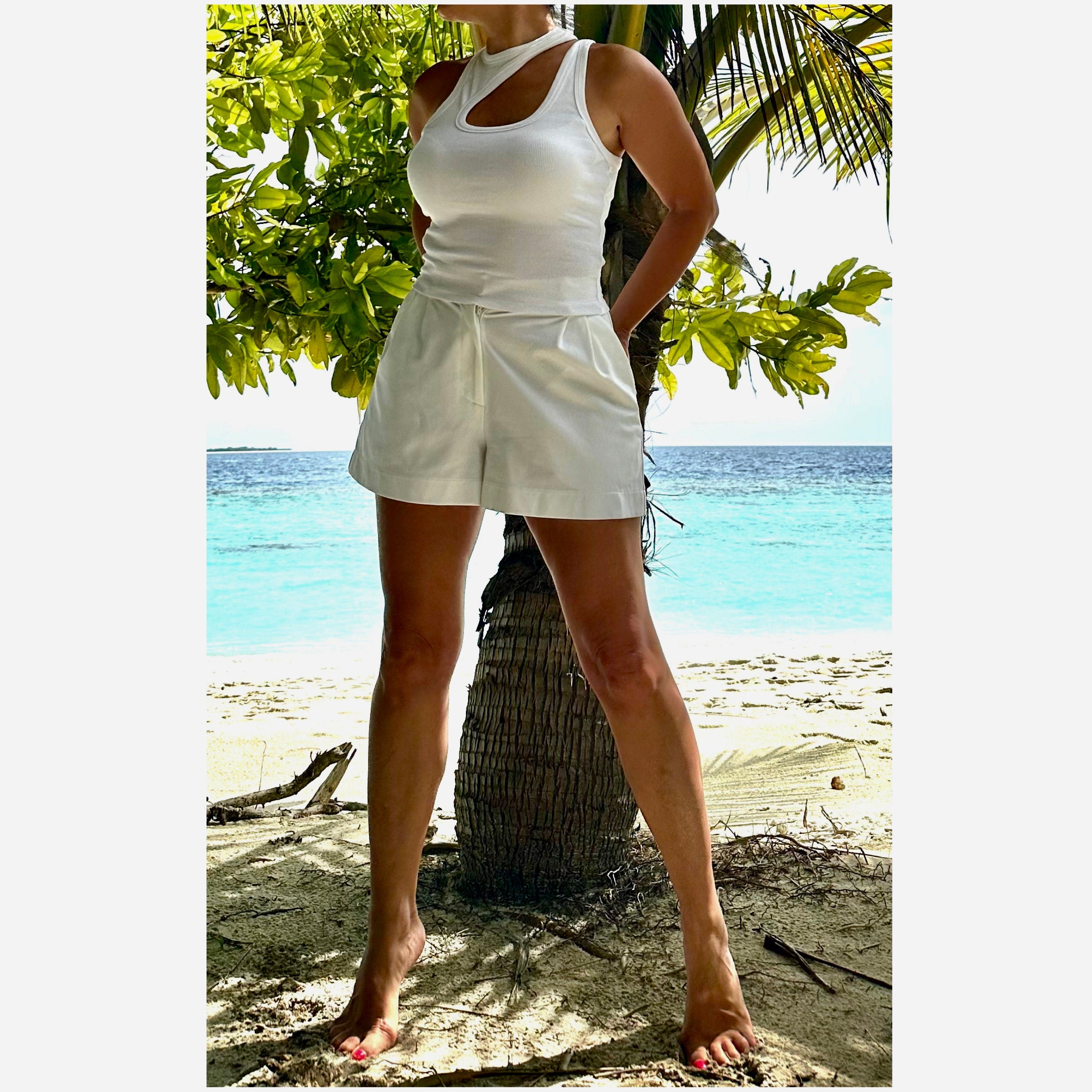 Asymmetric White Cotton Tank Top: Double Strap Sleeveless Beach Wear