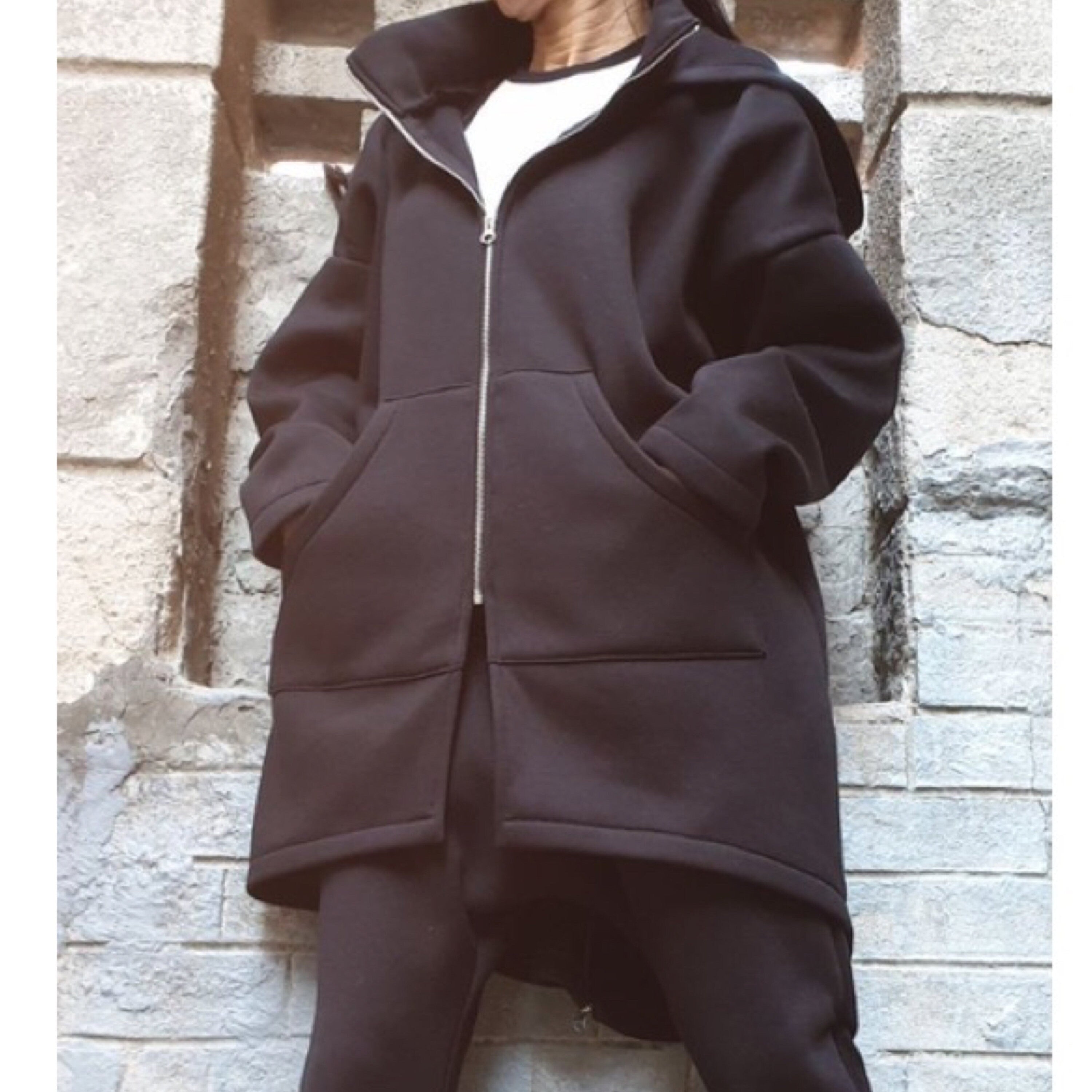 Asymmetric Black Cotton MIDI Coat with Hood – Warm Three-Thread Fleece / Double Zippers / Avant-Garde Jacket