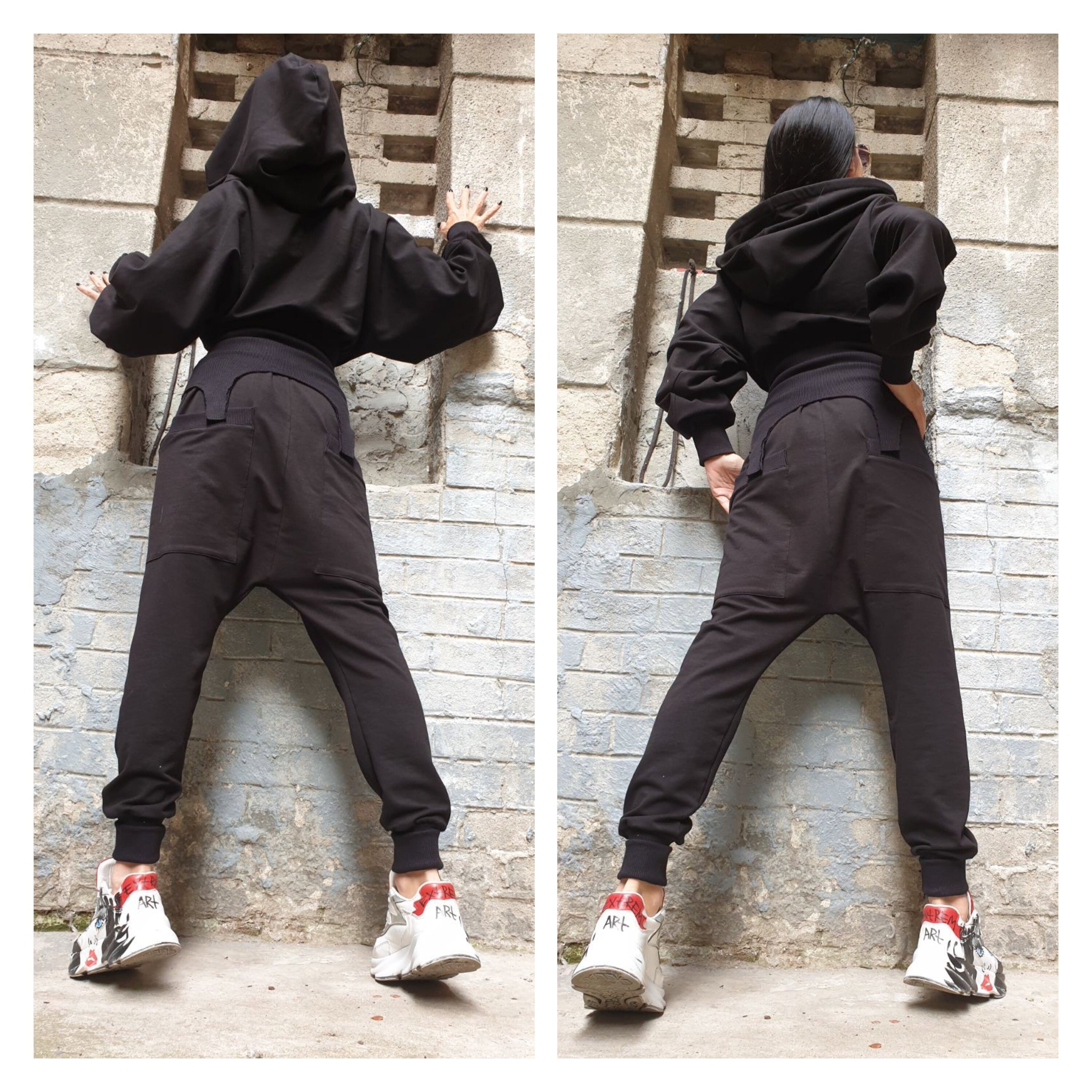 Black Cotton Tracksuit Set – Asymmetric Hoodie with Ribbed Detail & Harem Pants / Two-Piece Fleece Outfit XS–5XL