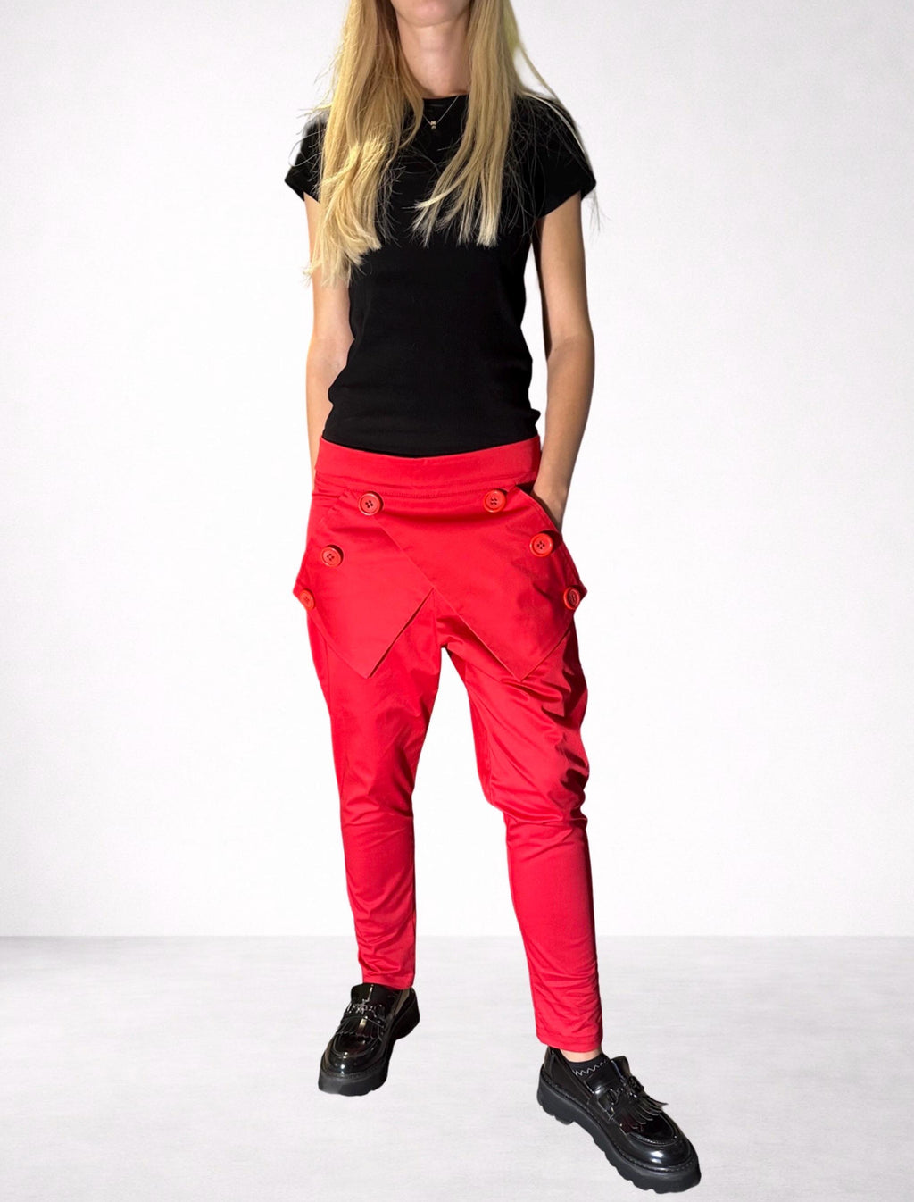 Red Cotton Pants with Asymmetrical Front Detail / Front Pockets / Casual Drop Crotch Trousers