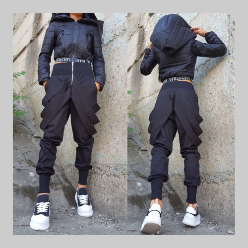 Asymmetric High Waist Black Cotton Pants with Zipper / Avant-Garde Harem Trousers with Ribbed Waist