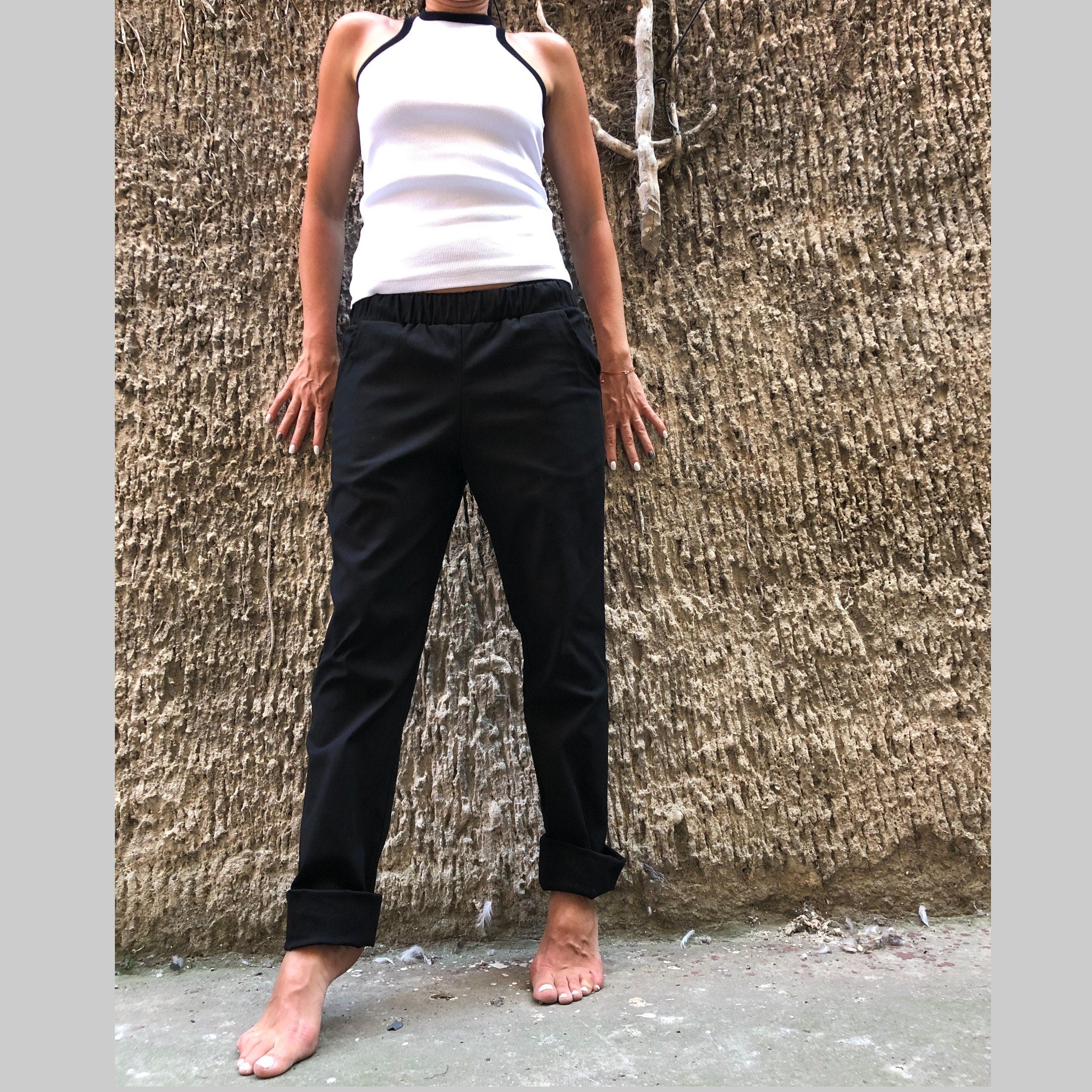 Women’s Casual Cotton Pants – High-Waist Elastic Trousers with Side Pockets / Everyday Straight-Leg Pants / Minimalist Soft Fabric Pants