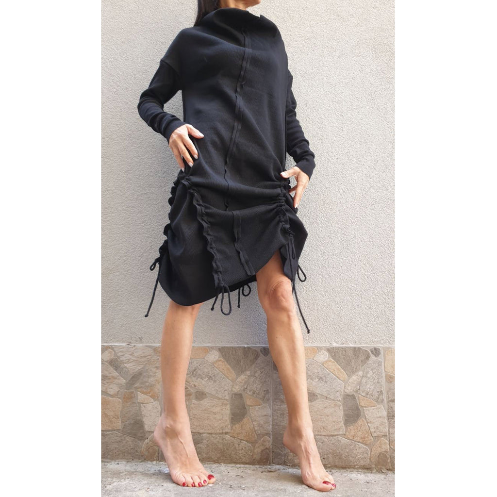Black Asymmetric Tunic Dress – Long Sleeve High Collar Cotton Rib Dress with Adjustable Drawstrings / XS–5XL