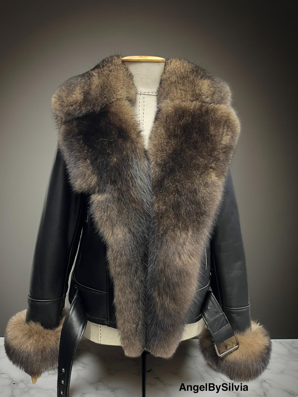 Women’s Winter Leather Coat with Large Fox Fur Collar