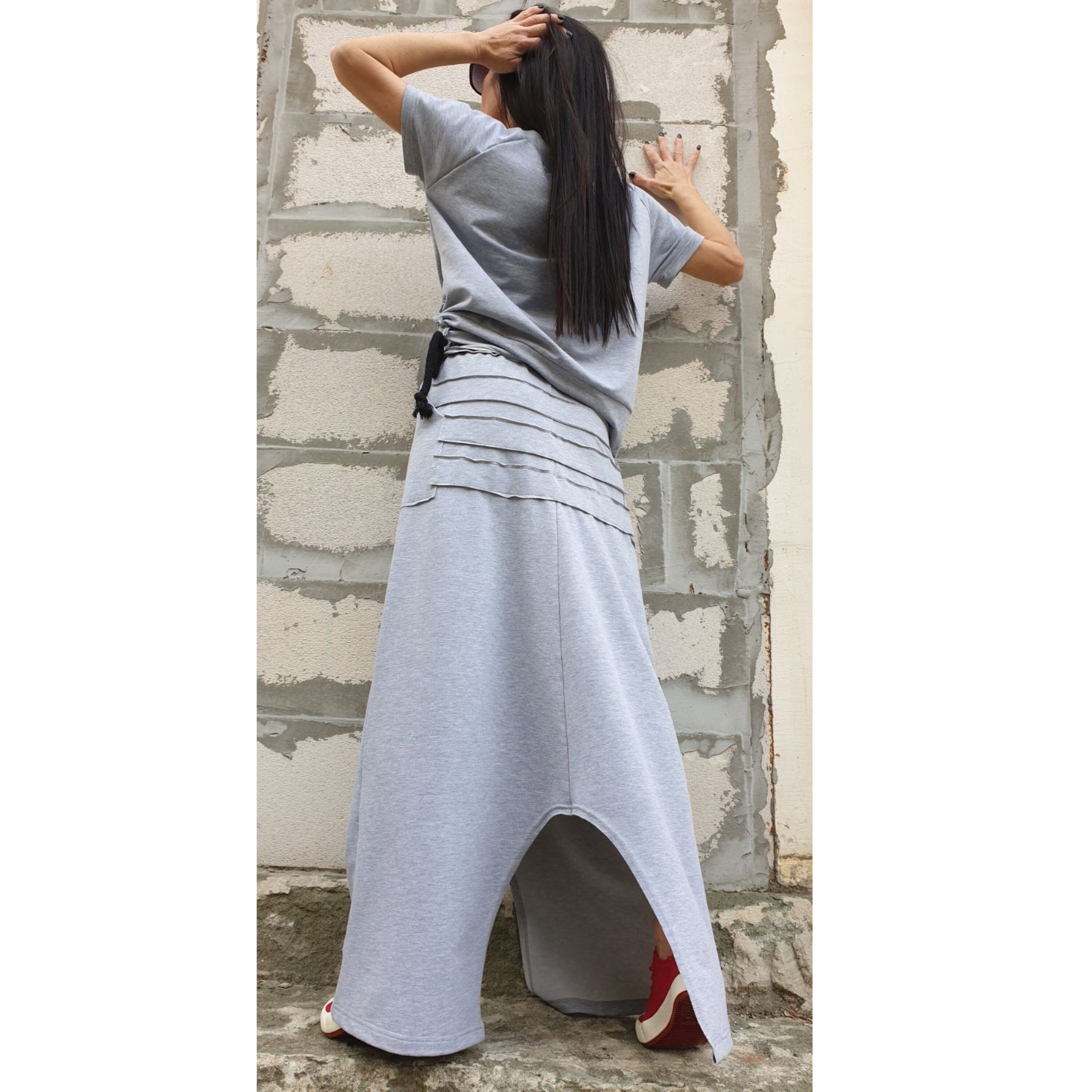 Asymmetric One Shoulder Cotton Blouse with Drawstring / Grey Short Sleeve Top / Urban Casual Designer Shirt