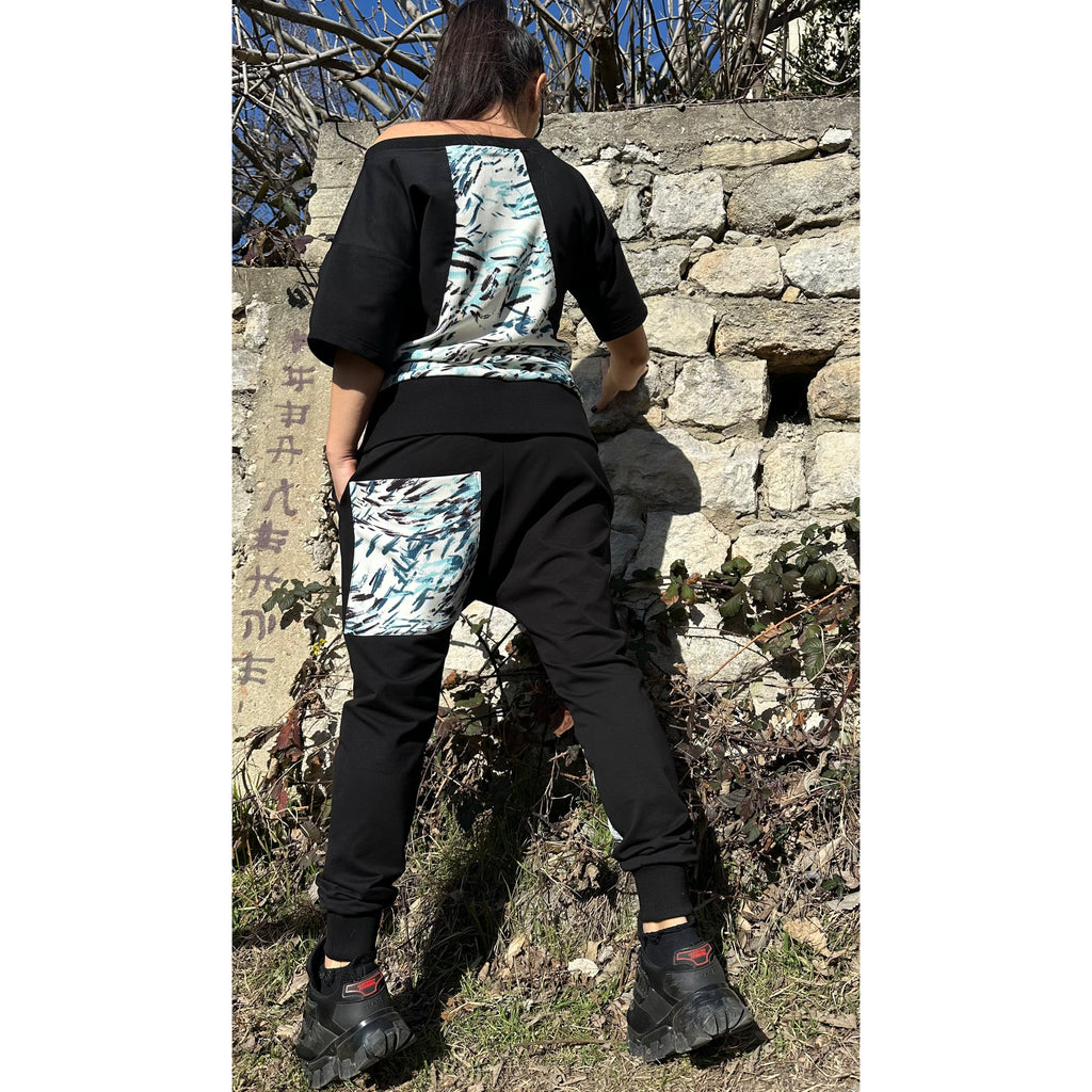 Streetwear Cotton Tracksuit – Handmade Jogger Pants and Short Sleeve Top with Neoprene Patches