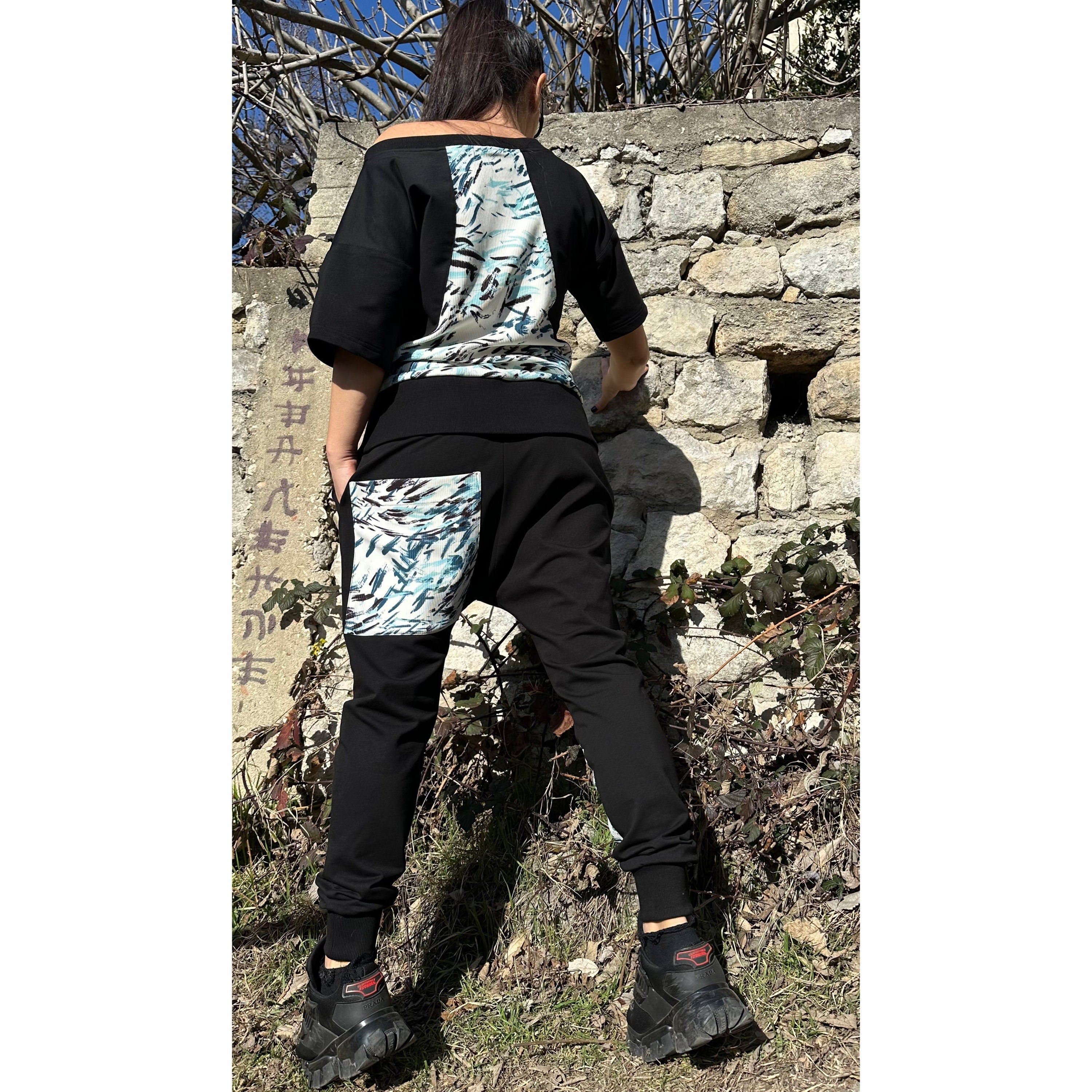 Streetwear Cotton Tracksuit – Handmade Jogger Pants and Short Sleeve Top with Neoprene Patches