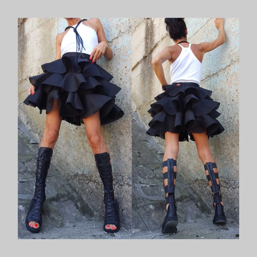 Black Neoprene Ruffle Skirt – Avant-Garde Layered Mini Skirt / Sculptural Voluminous Design