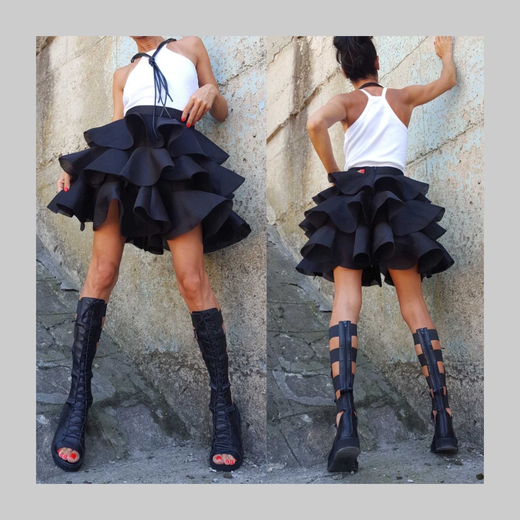 Black Neoprene Ruffle Skirt – Avant-Garde Layered Mini Skirt / Sculptural Voluminous Design