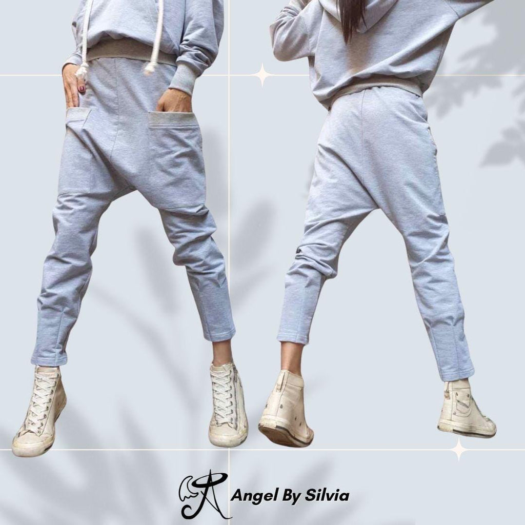 Sporty Grey Harem Pants – Women’s Cotton Jogger with Drop-Crotch & Elastic Waist