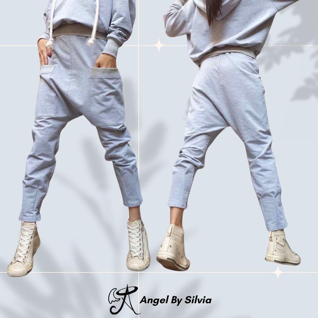 Sporty Grey Harem Pants – Women’s Cotton Jogger with Drop-Crotch & Elastic Waist