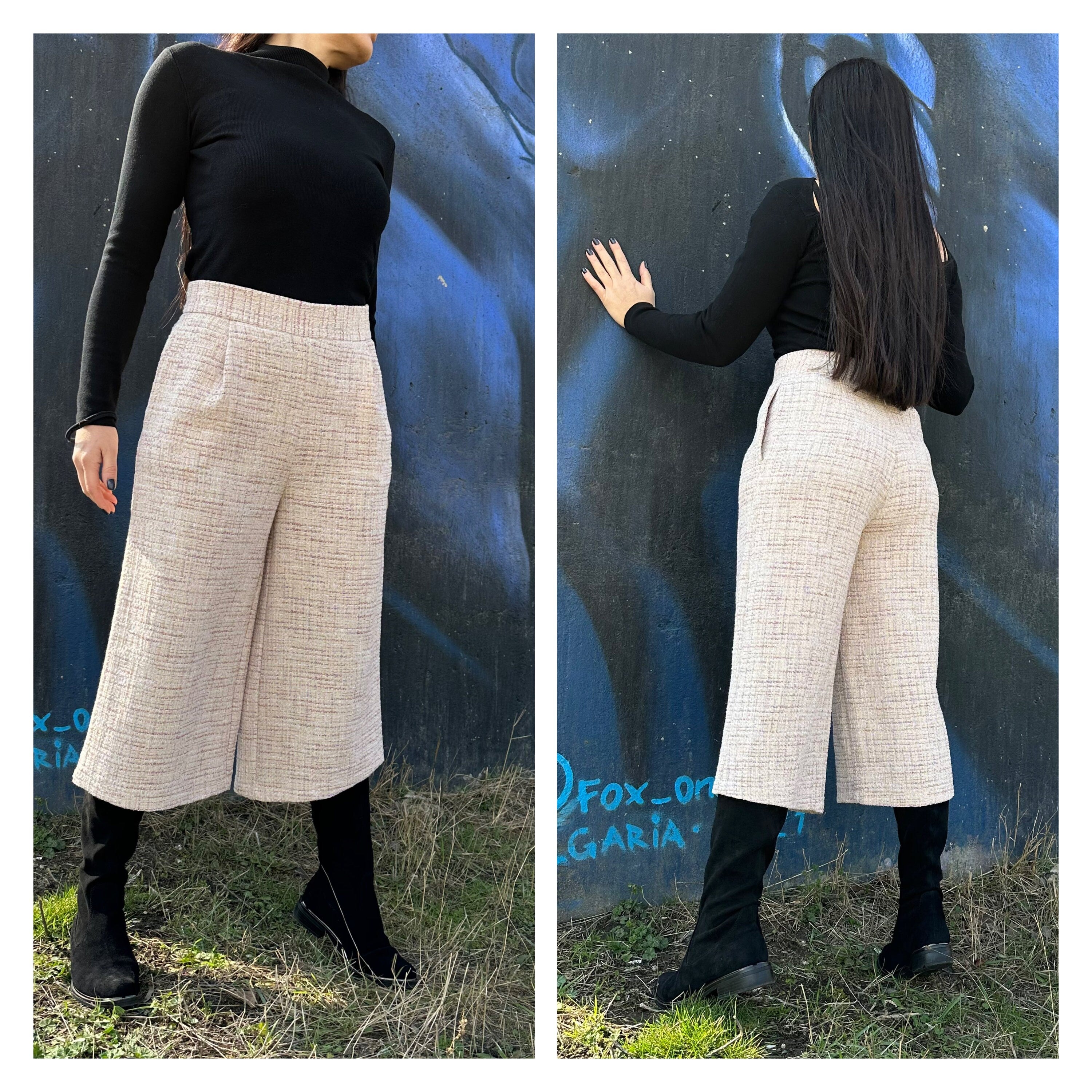 High Waist Beige Culottes: Wide Leg Cropped Pants