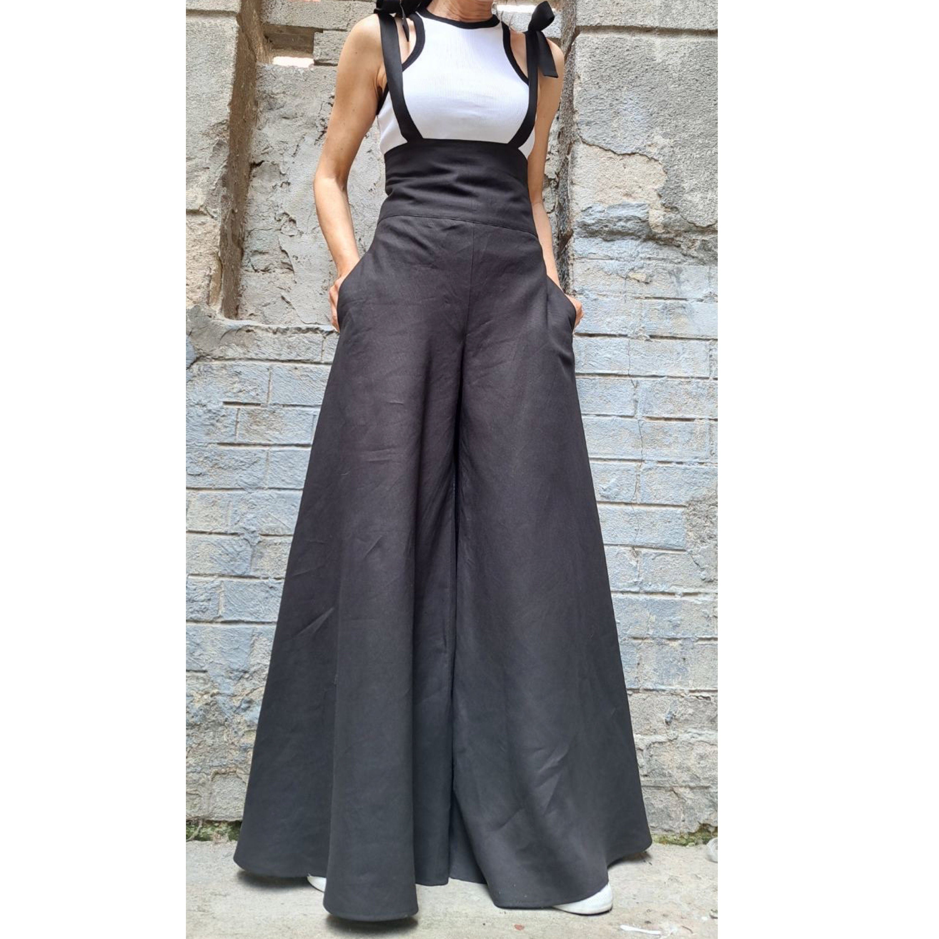 High-Waisted Linen Palazzo Pants with Straps – Wide Leg Linen Trousers for Women / Adjustable Tie Straps , Side Pockets , Zipper Closure