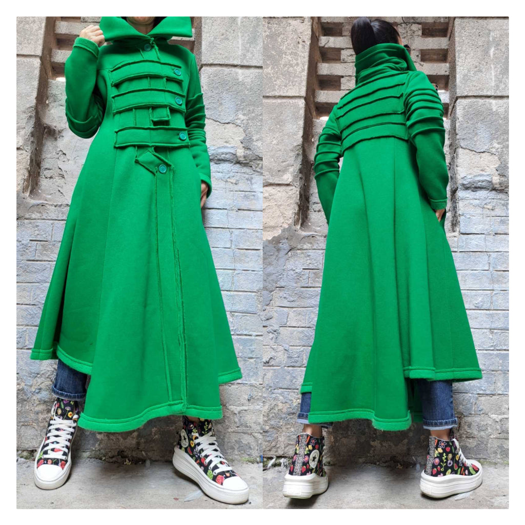 Avant-Garde Green Winter Coat for Women – Asymmetric Fleece Maxi Coat with High Collar / Long Warm Coat / Designer Statement Outerwear