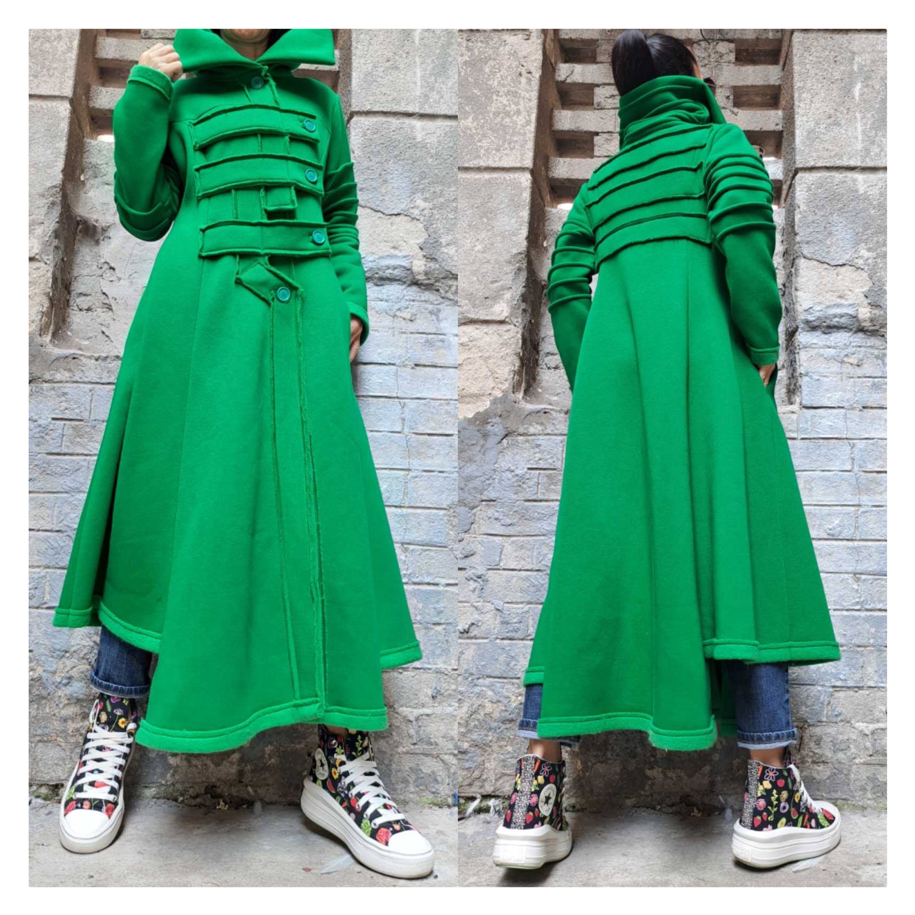 Avant-Garde Green Winter Coat for Women – Asymmetric Fleece Maxi Coat with High Collar / Long Warm Coat / Designer Statement Outerwear