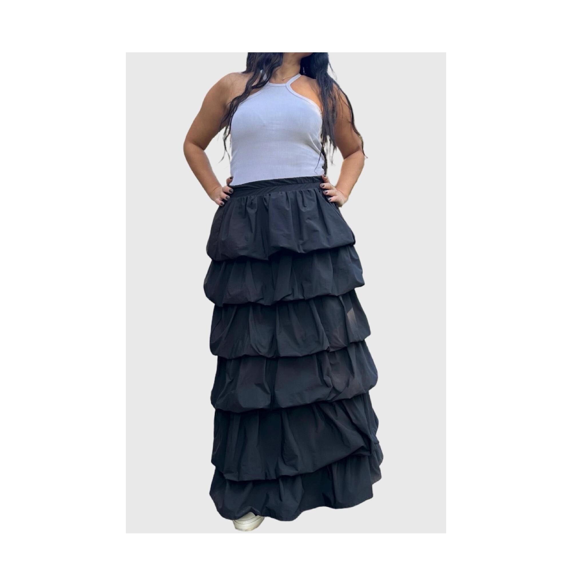 Black Ruffled Maxi Skirt – High Waist Lightweight Nylon with Elastic Tiers