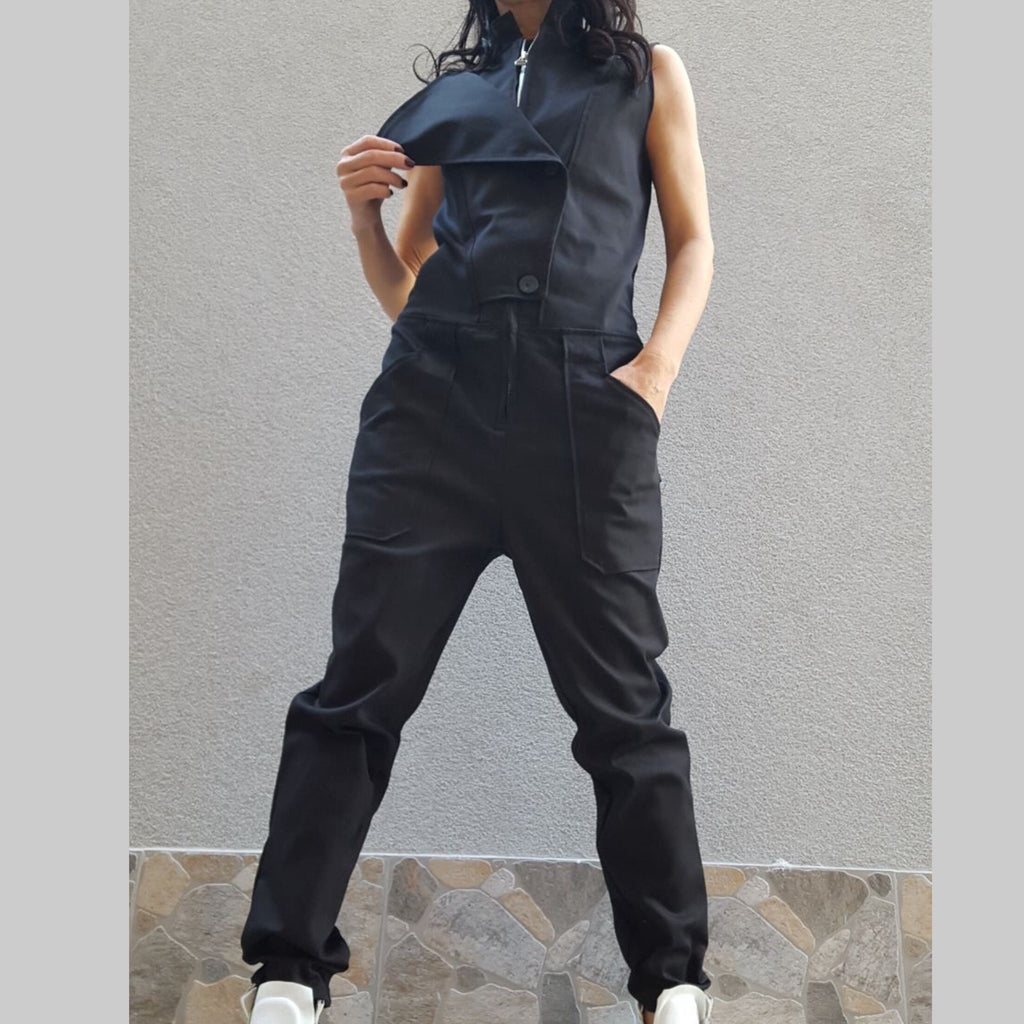 Black Cotton Jumpsuit with Asymmetric Details – Sleeveless Designer Overall
