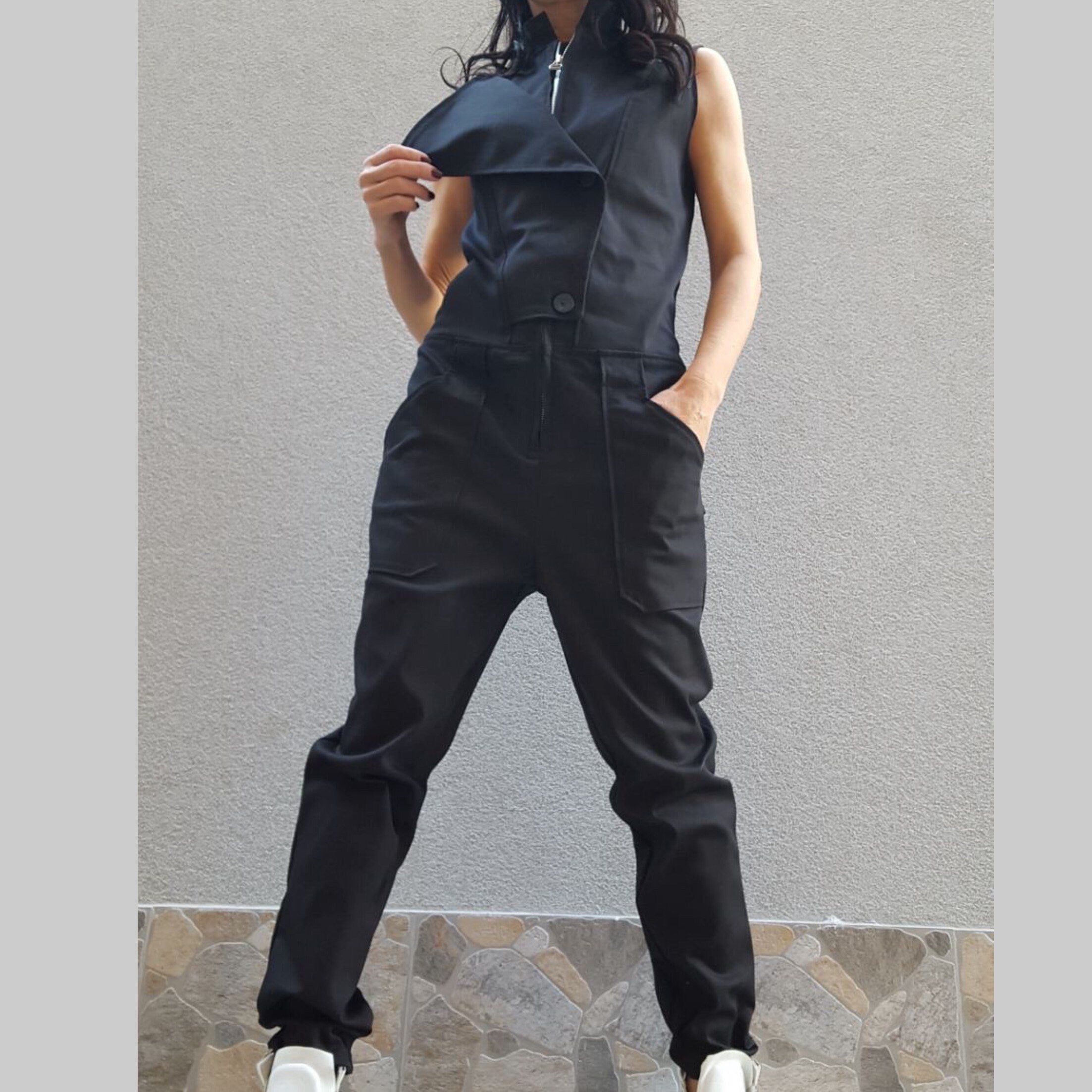 Black Cotton Jumpsuit with Asymmetric Details – Sleeveless Designer Overall