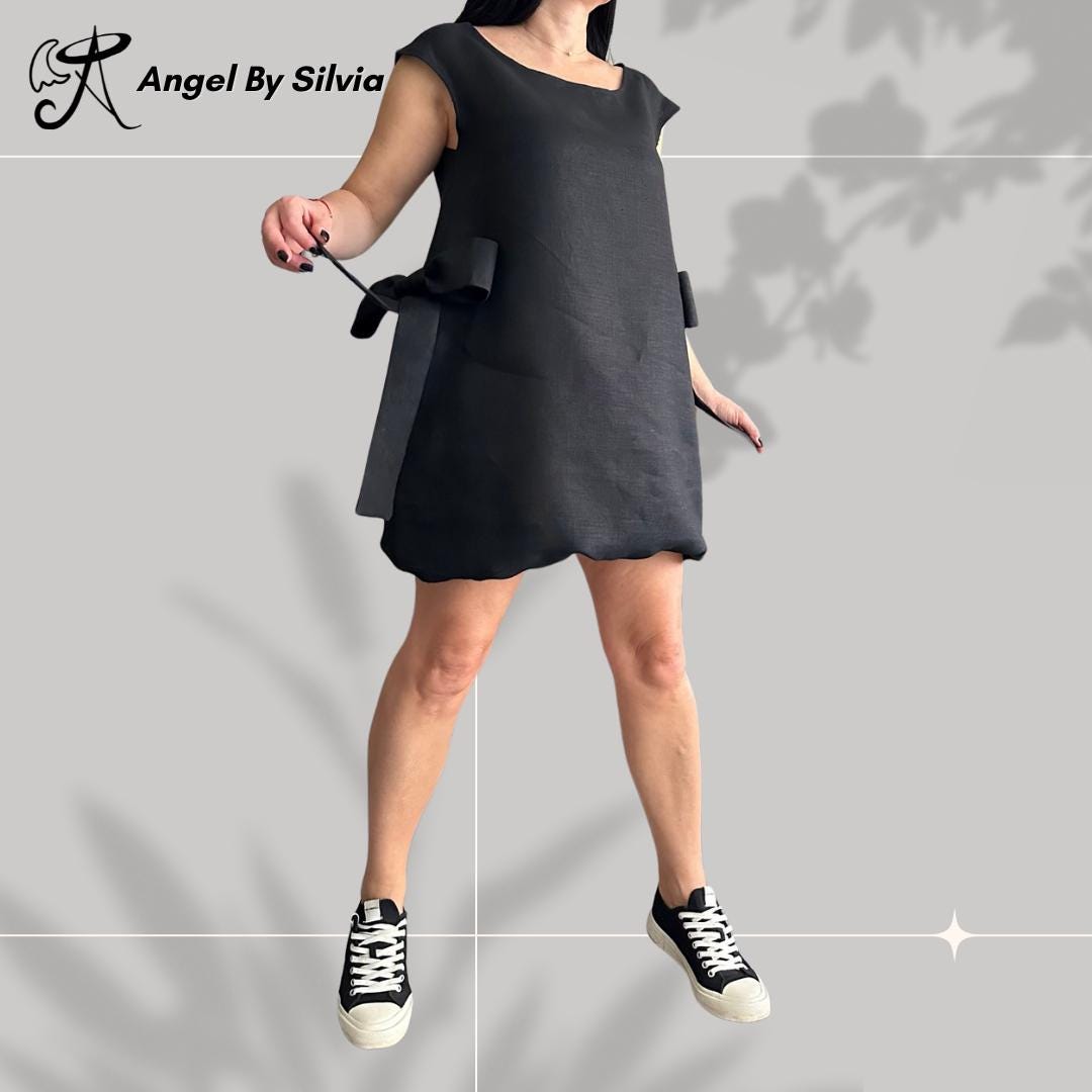 Black Linen Dress – Sleeveless Minimalist Tunic with Side Bows / Women’s Summer Shift Dress