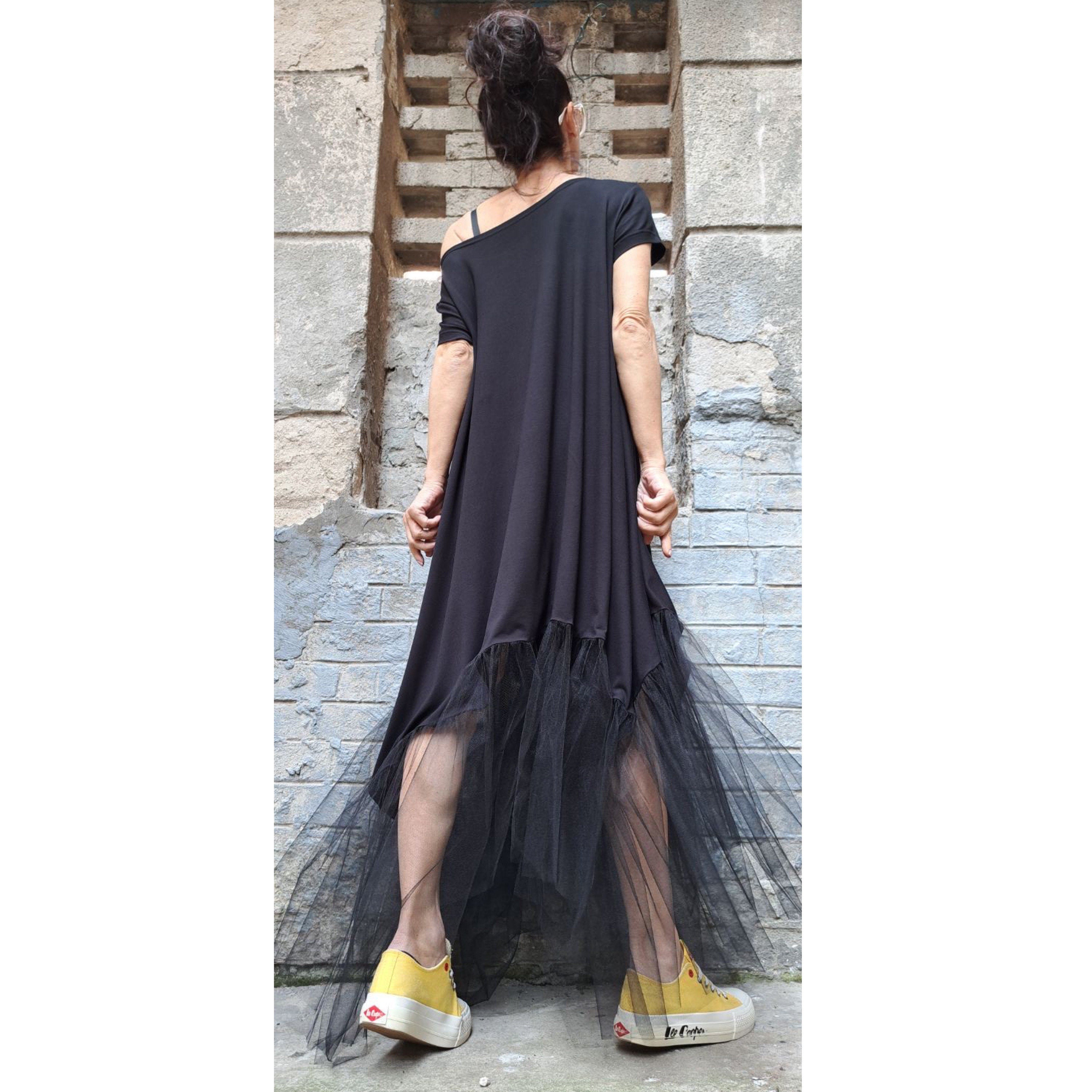 Black Asymmetrical Tulle Dress – Oversized Cotton Maxi Dress with Mesh Hem / Avant-Garde Loose Dress / Short Sleeve Kaftan  XS–5XL