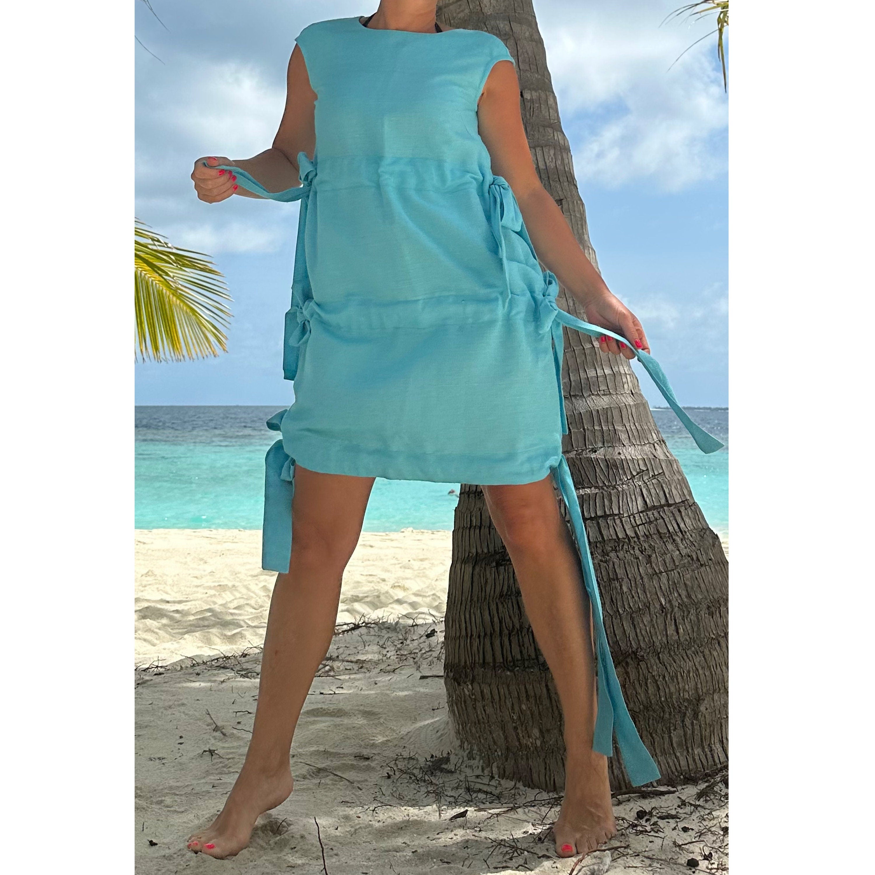 Women’s Light Blue Linen Dress – Sleeveless Summer Tunic with Side Ties / Beachwear Resort