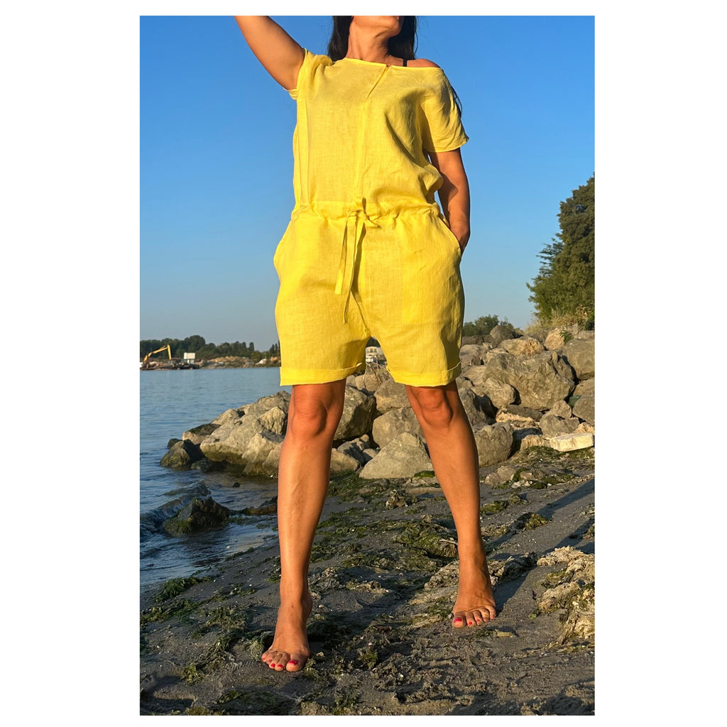 Yellow Linen Overalls / Sleeveless Open Back Summer Jumpsuit